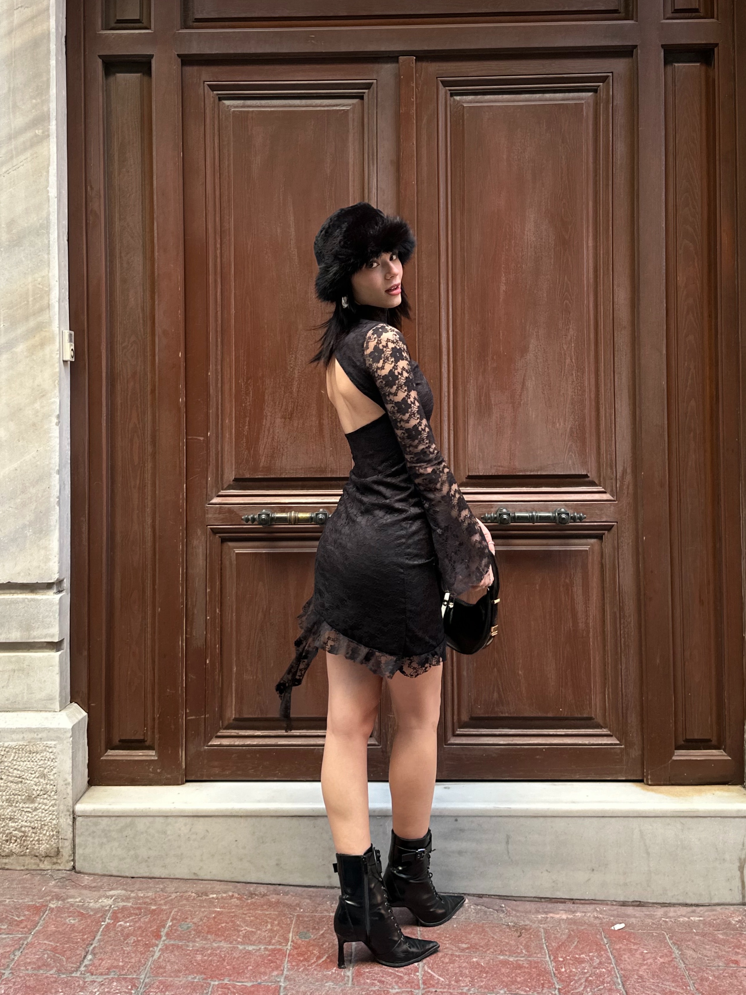 Siyah İspanyol Kol Dantelli Elbise