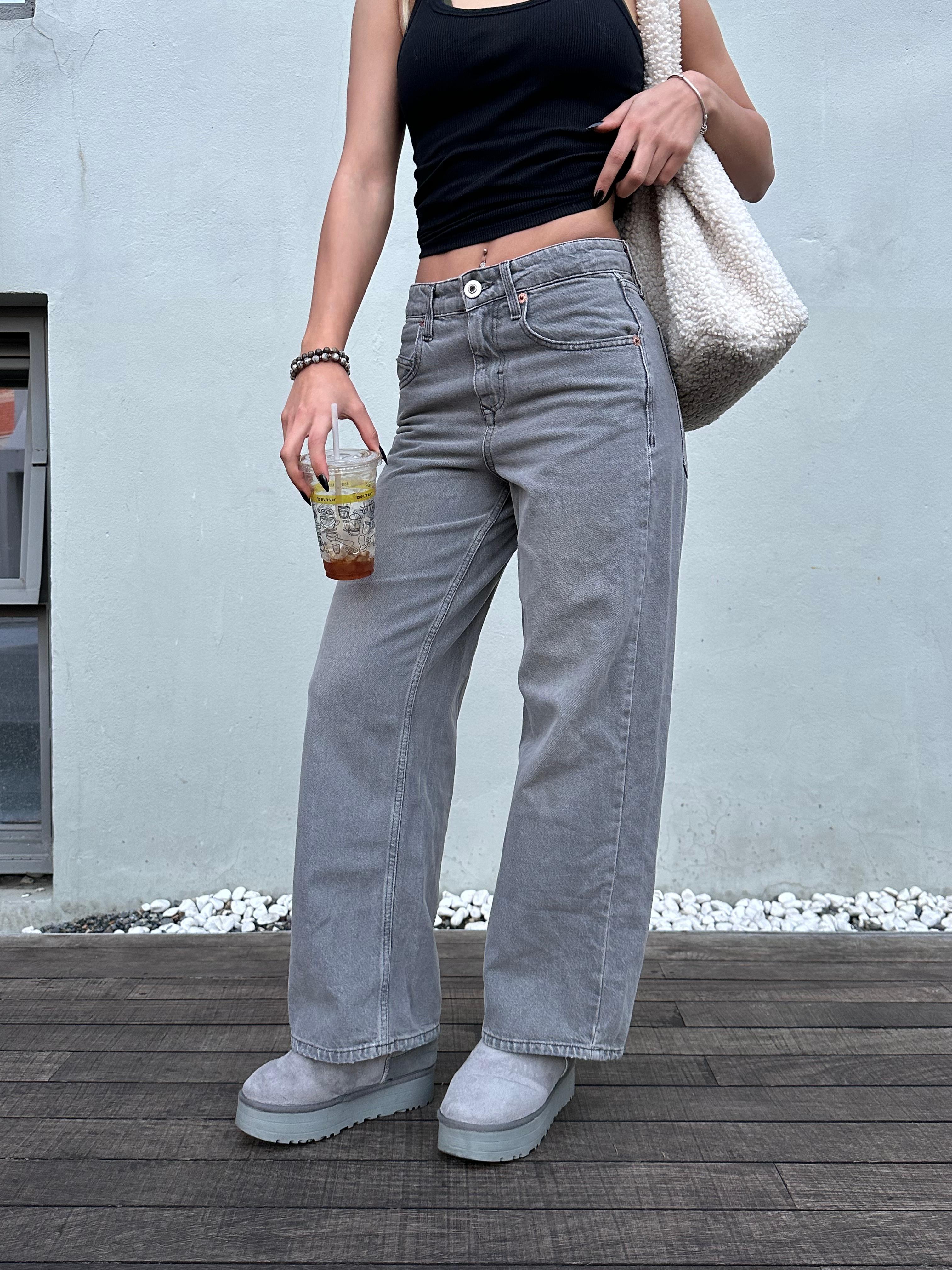 Yıkamalı Gri Baggy Pantolon