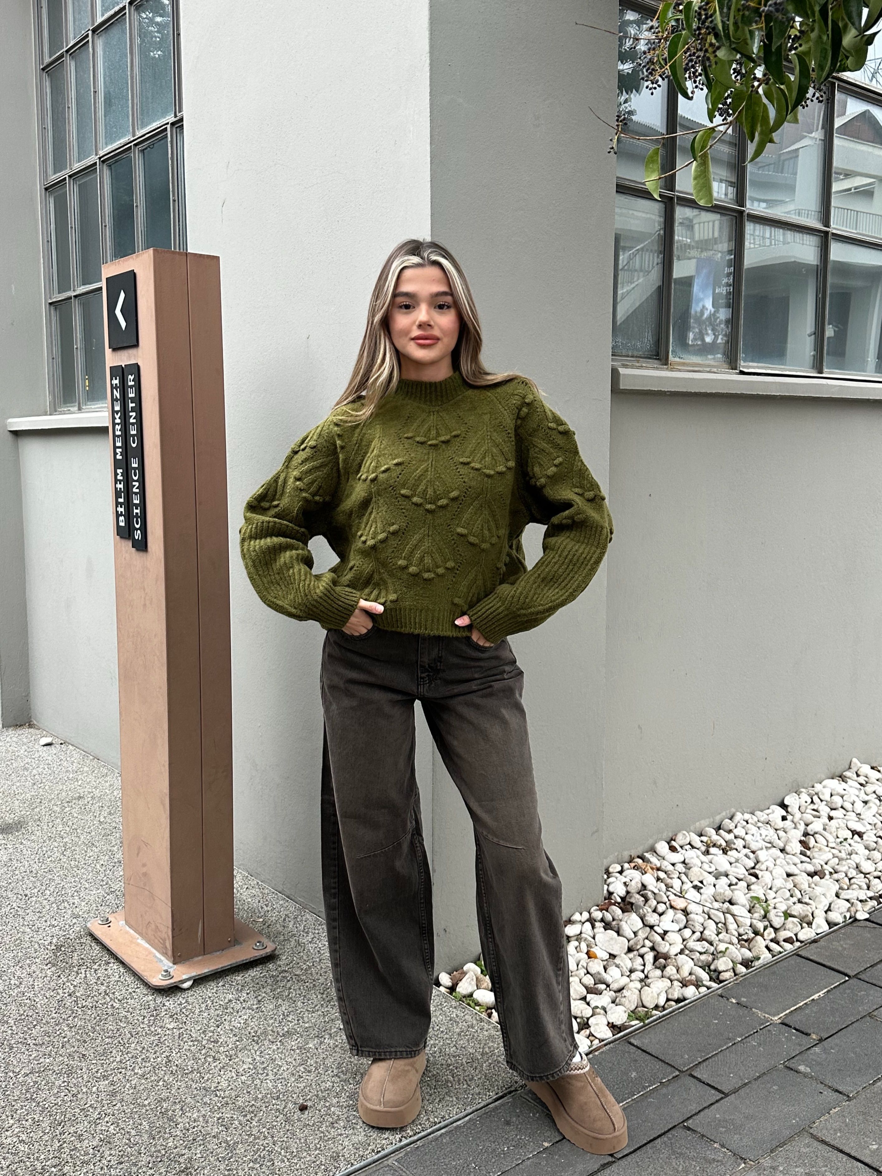 Haki Oversize Desenli Triko Kazak 