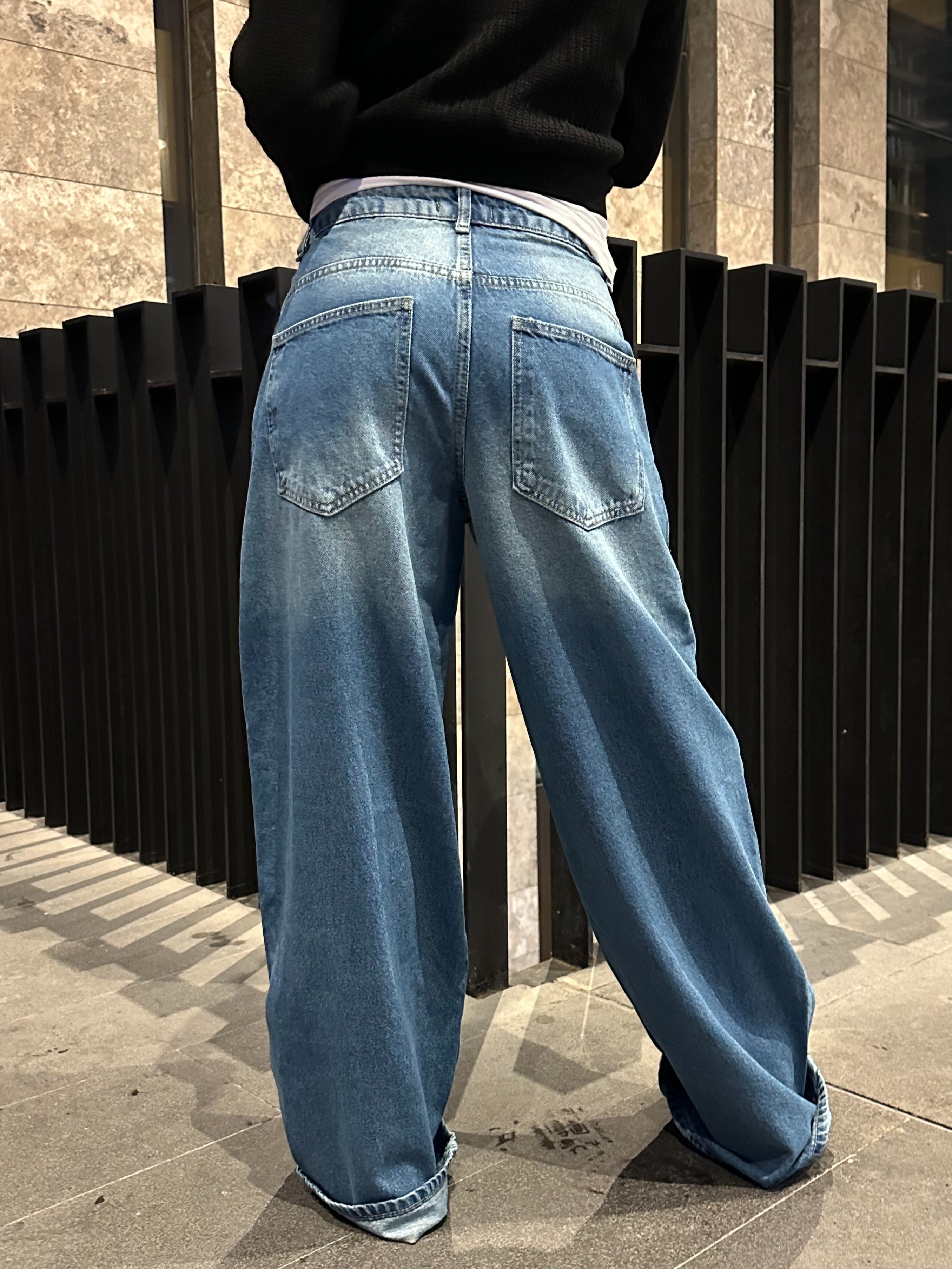 Mavi Yıkamalı Baggy Pantolon