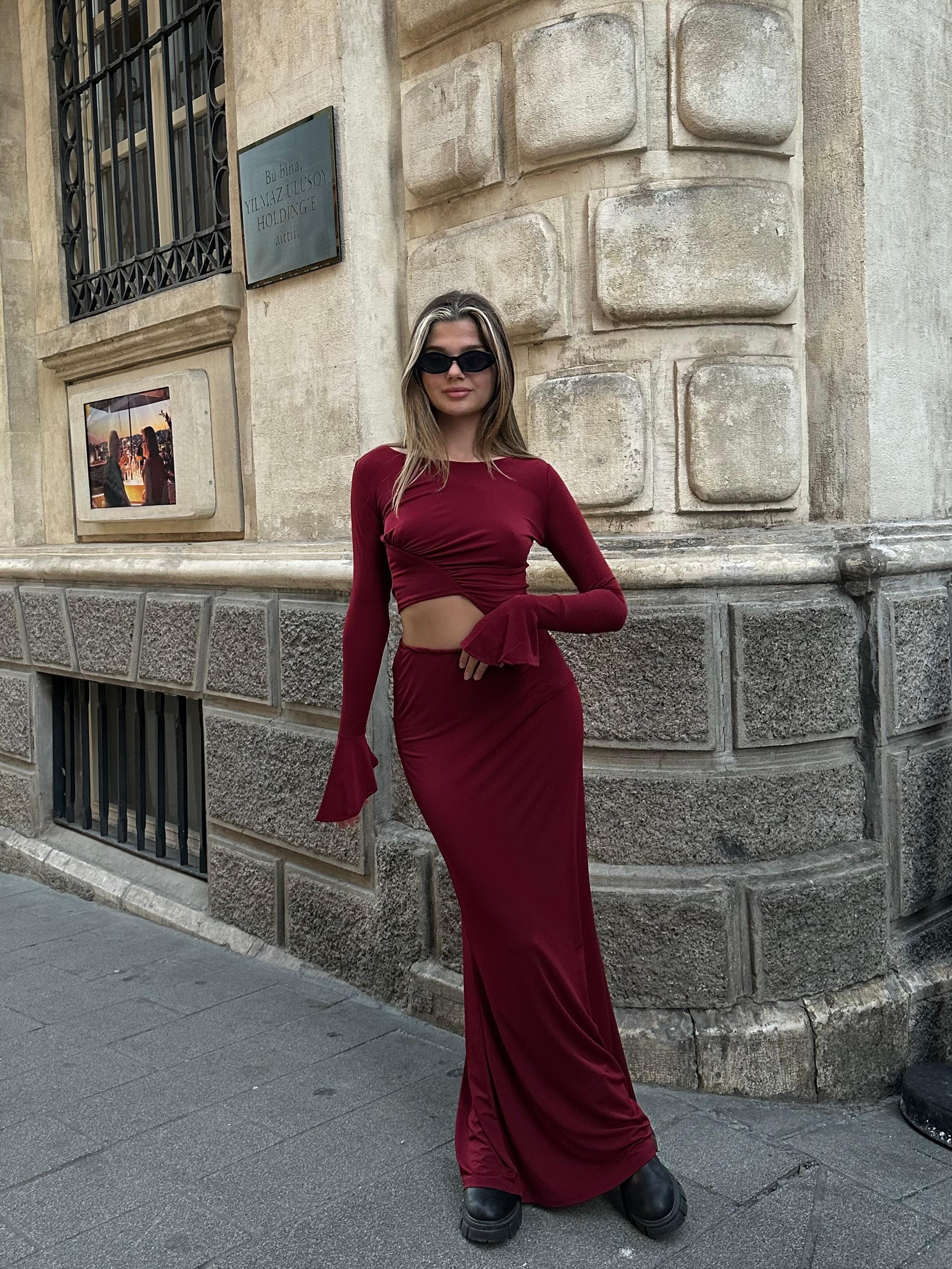 Mariah Büzgülü Bordo Etek Takım