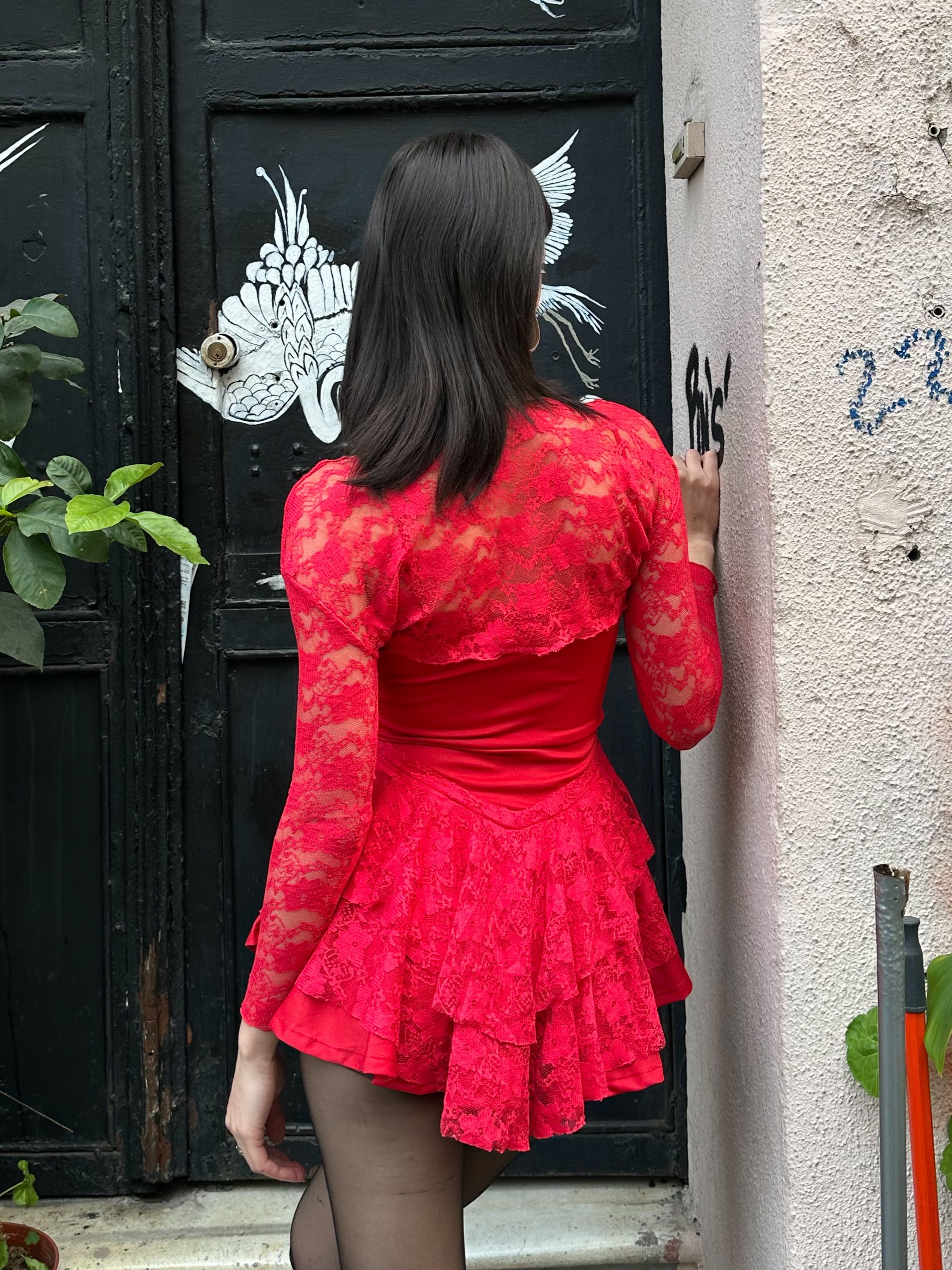 Kırmızı Bolero Detay Dantelli Mini Elbise
