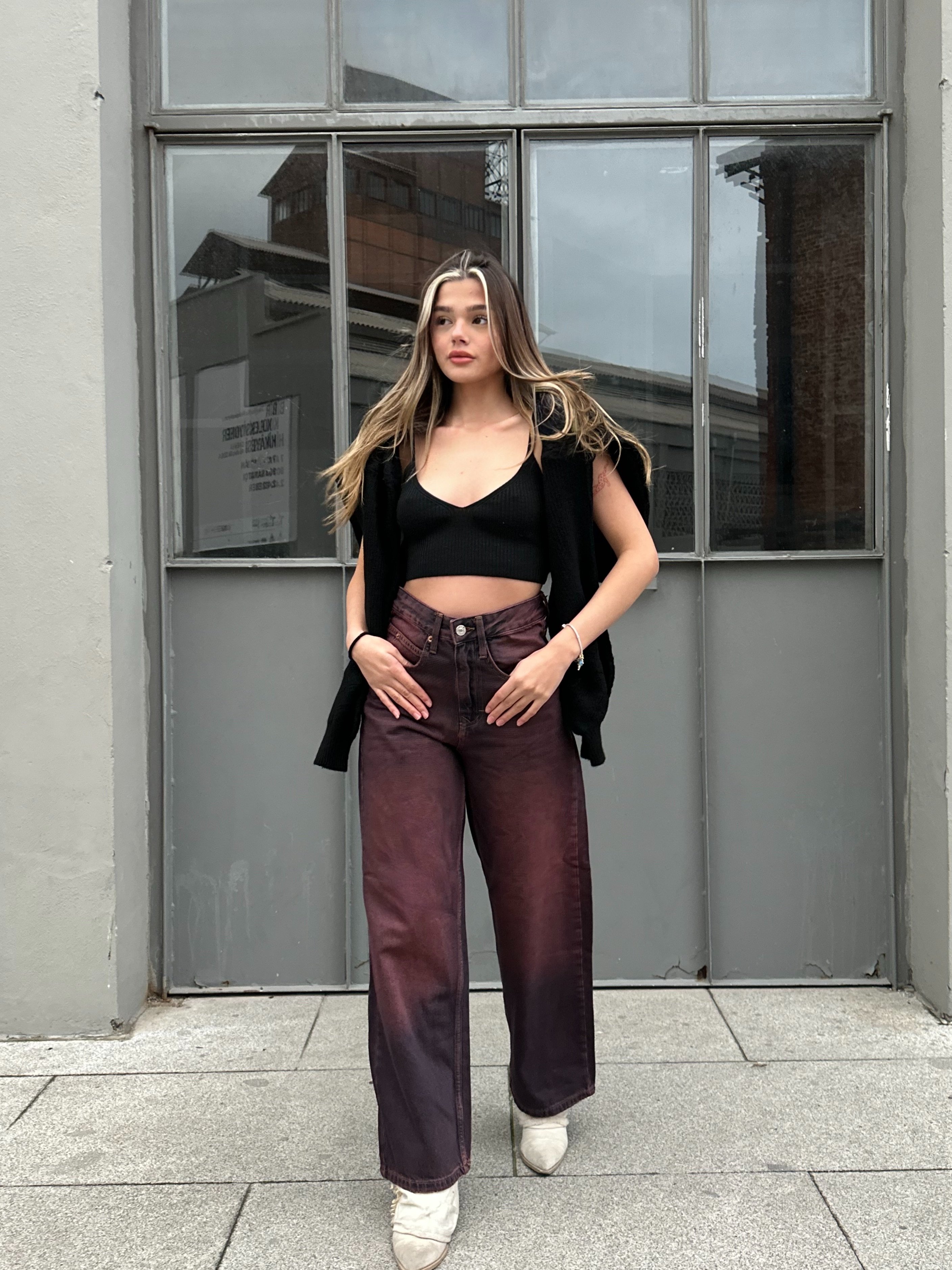 Yıkamalı Bordo Baggy Pantolon