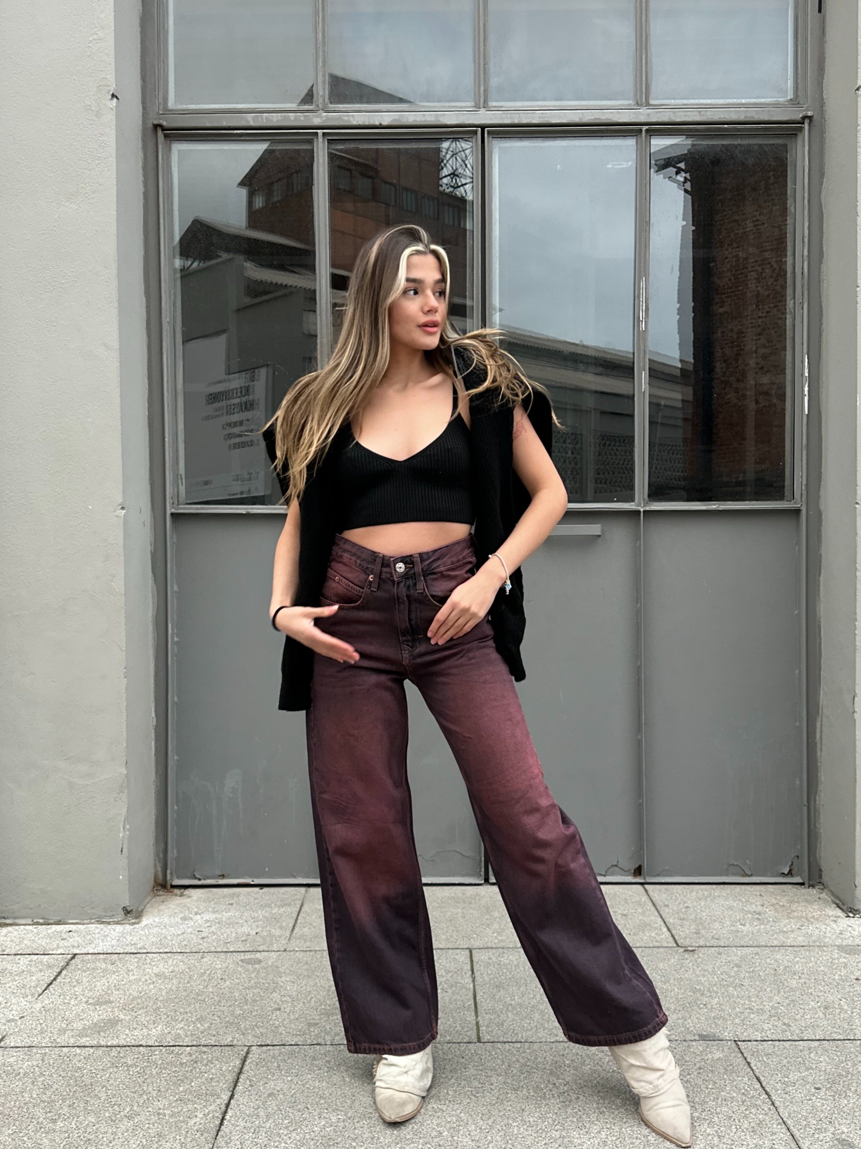 Yıkamalı Bordo Baggy Pantolon