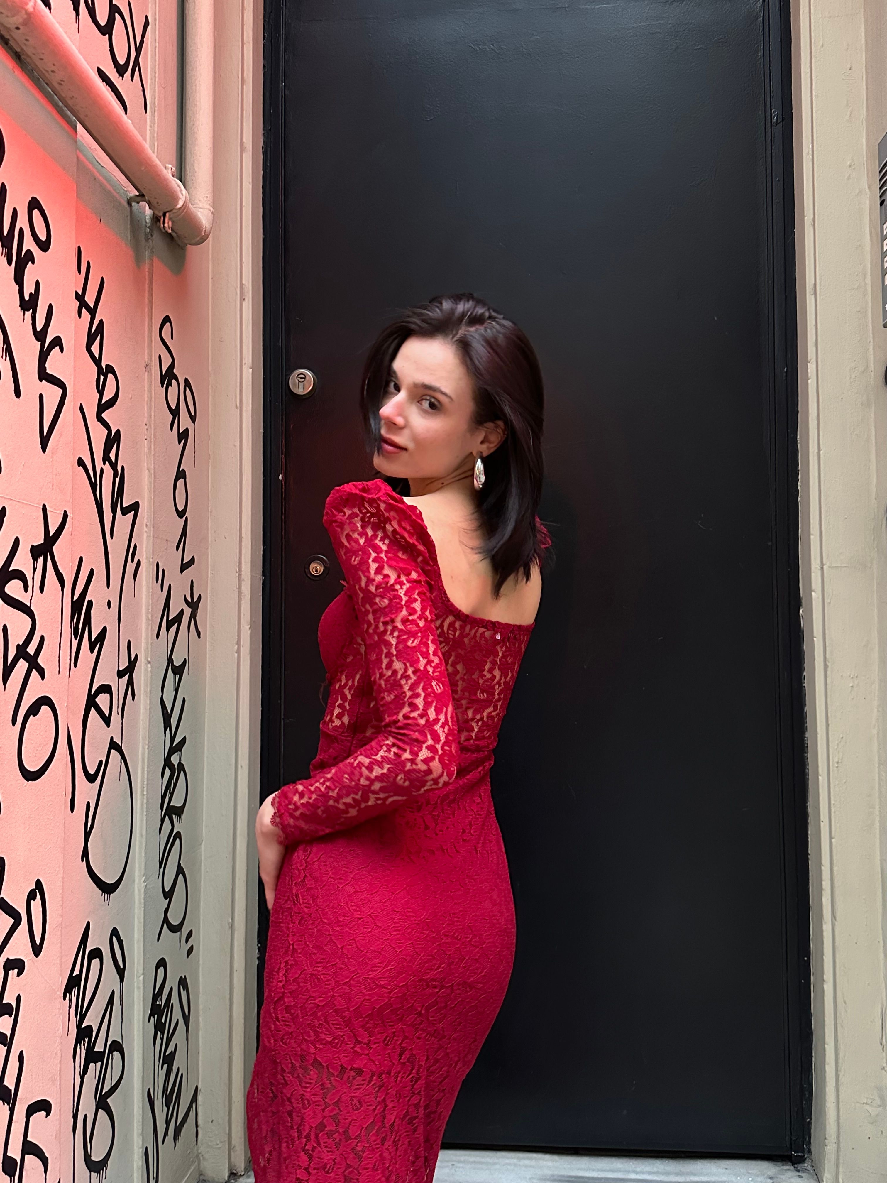 Kırmızı Drape Detay Dantelli Maxi Elbise