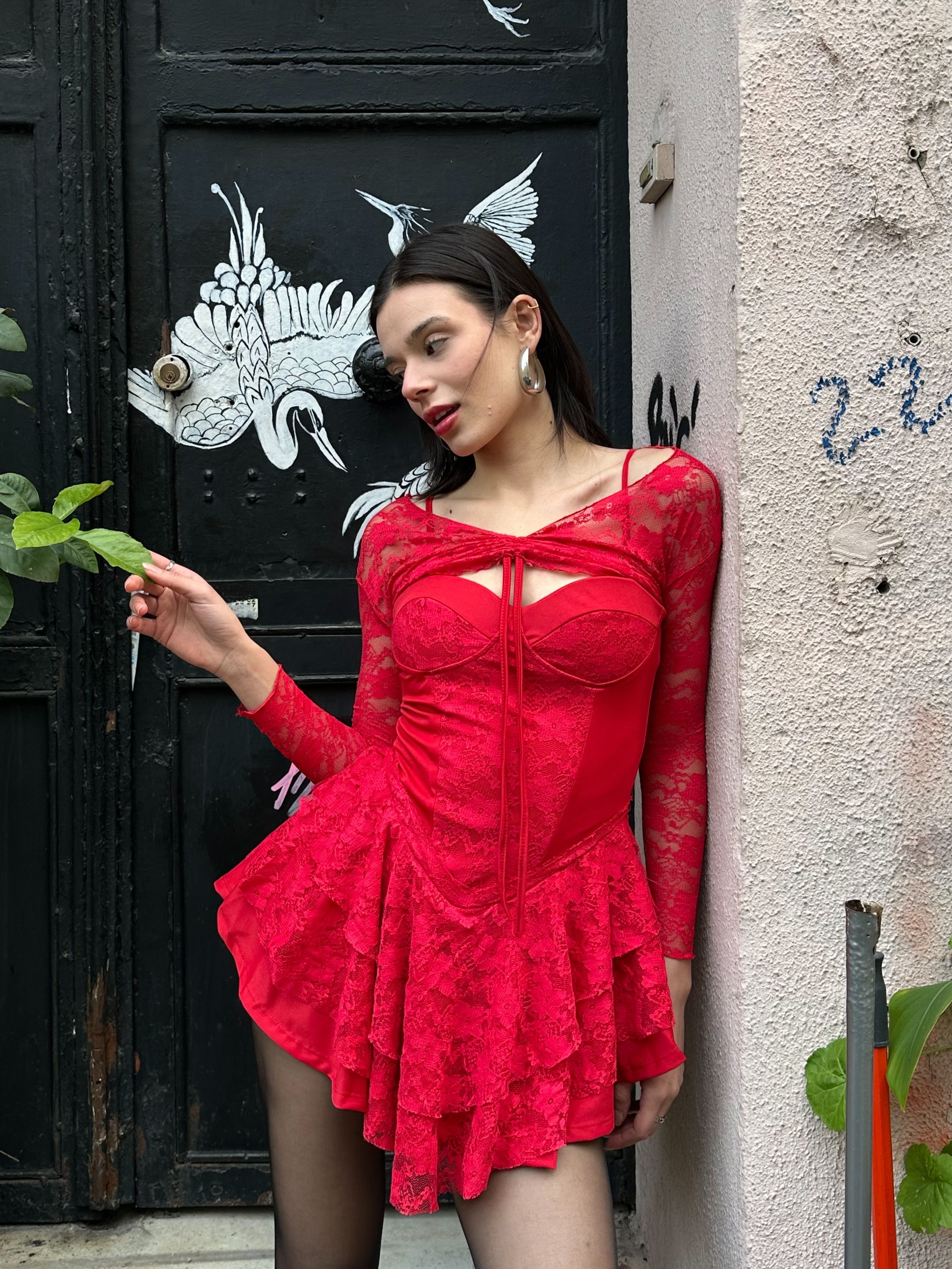 Kırmızı Bolero Detay Dantelli Mini Elbise