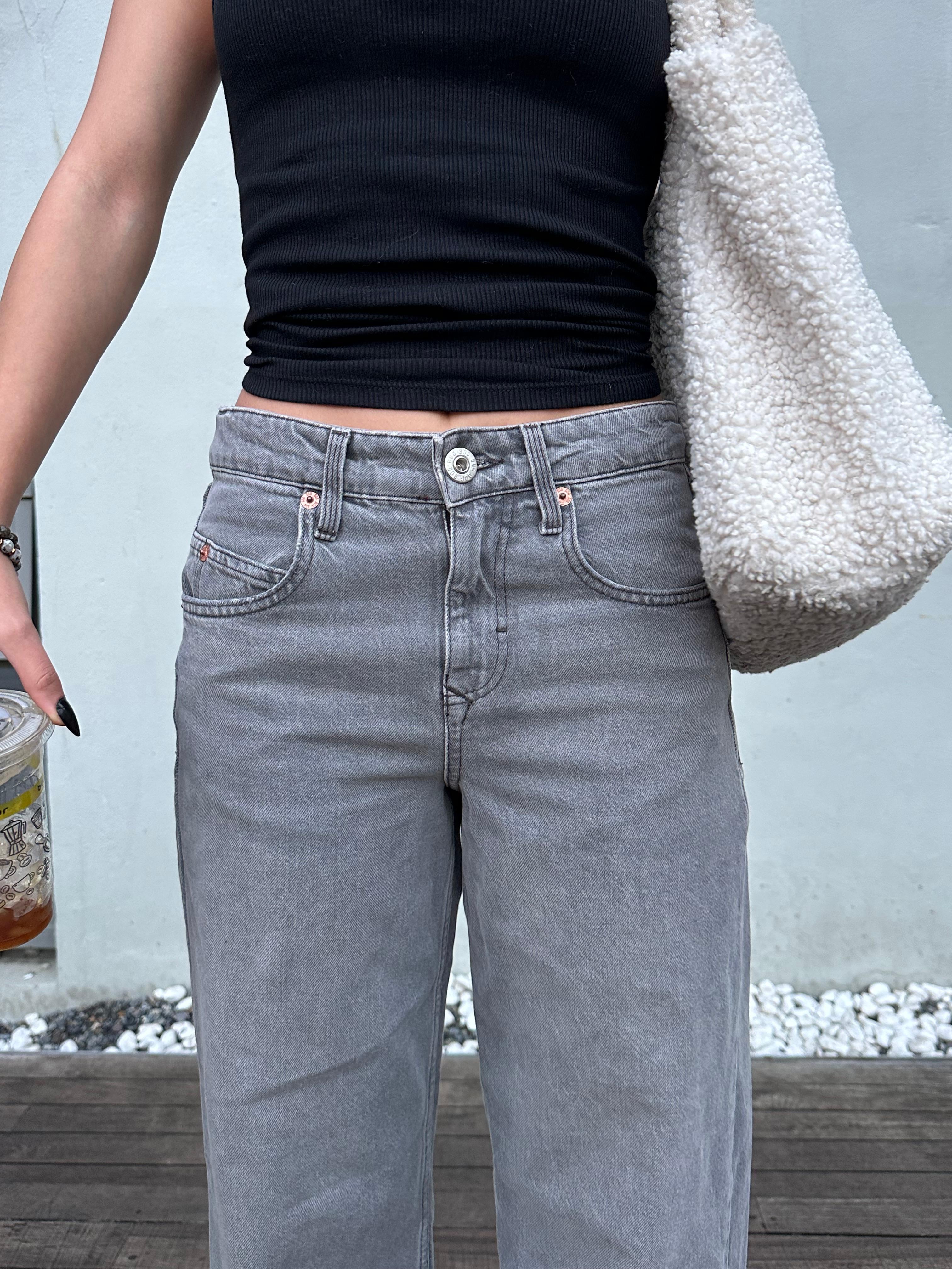 Yıkamalı Gri Baggy Pantolon