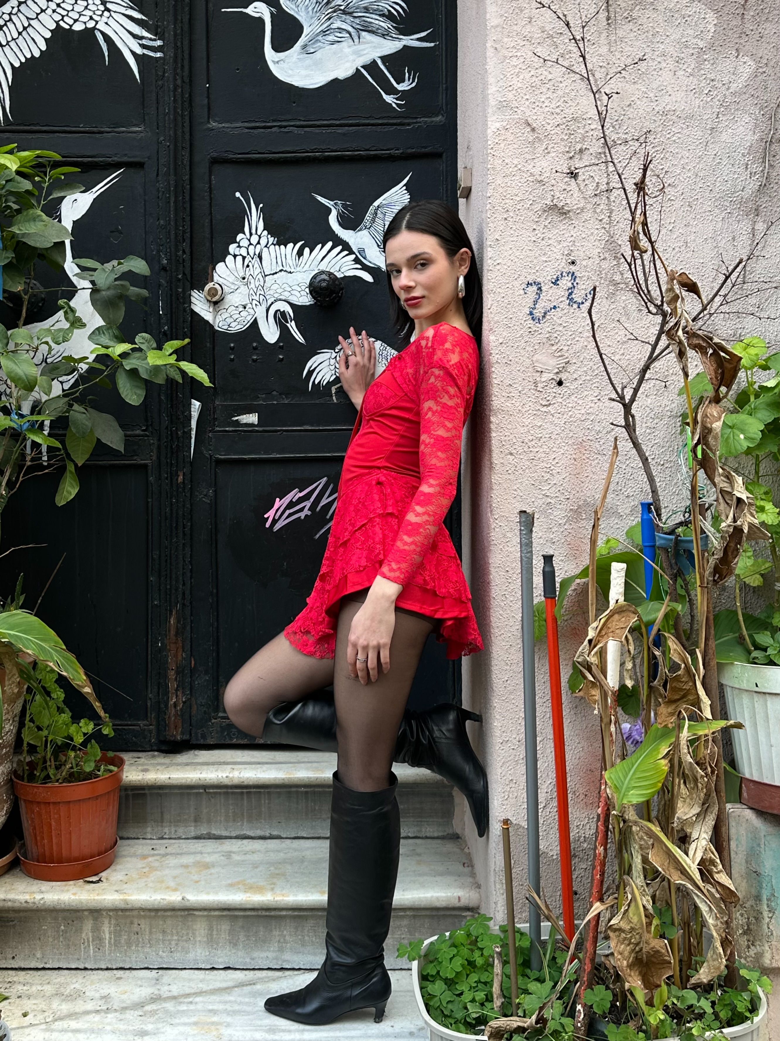 Kırmızı Bolero Detay Dantelli Mini Elbise