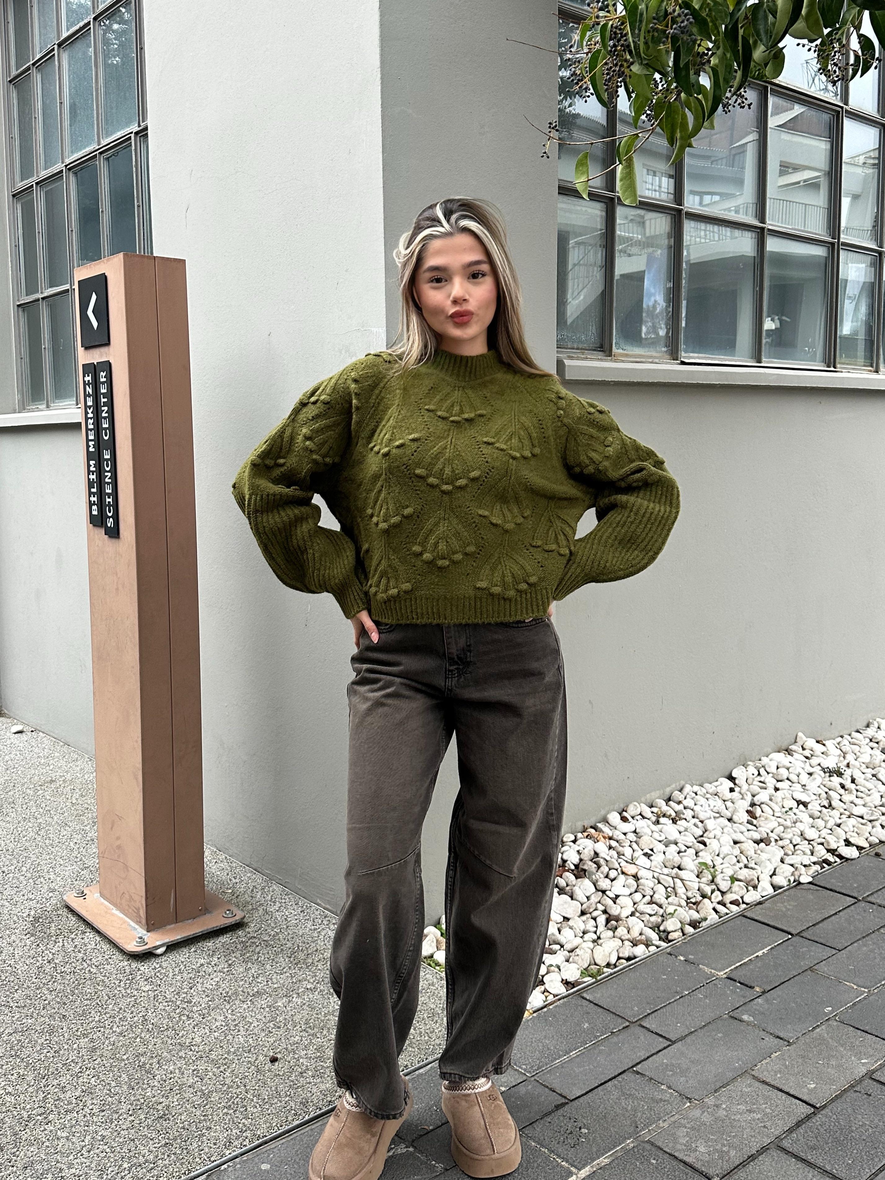 Haki Oversize Desenli Triko Kazak 