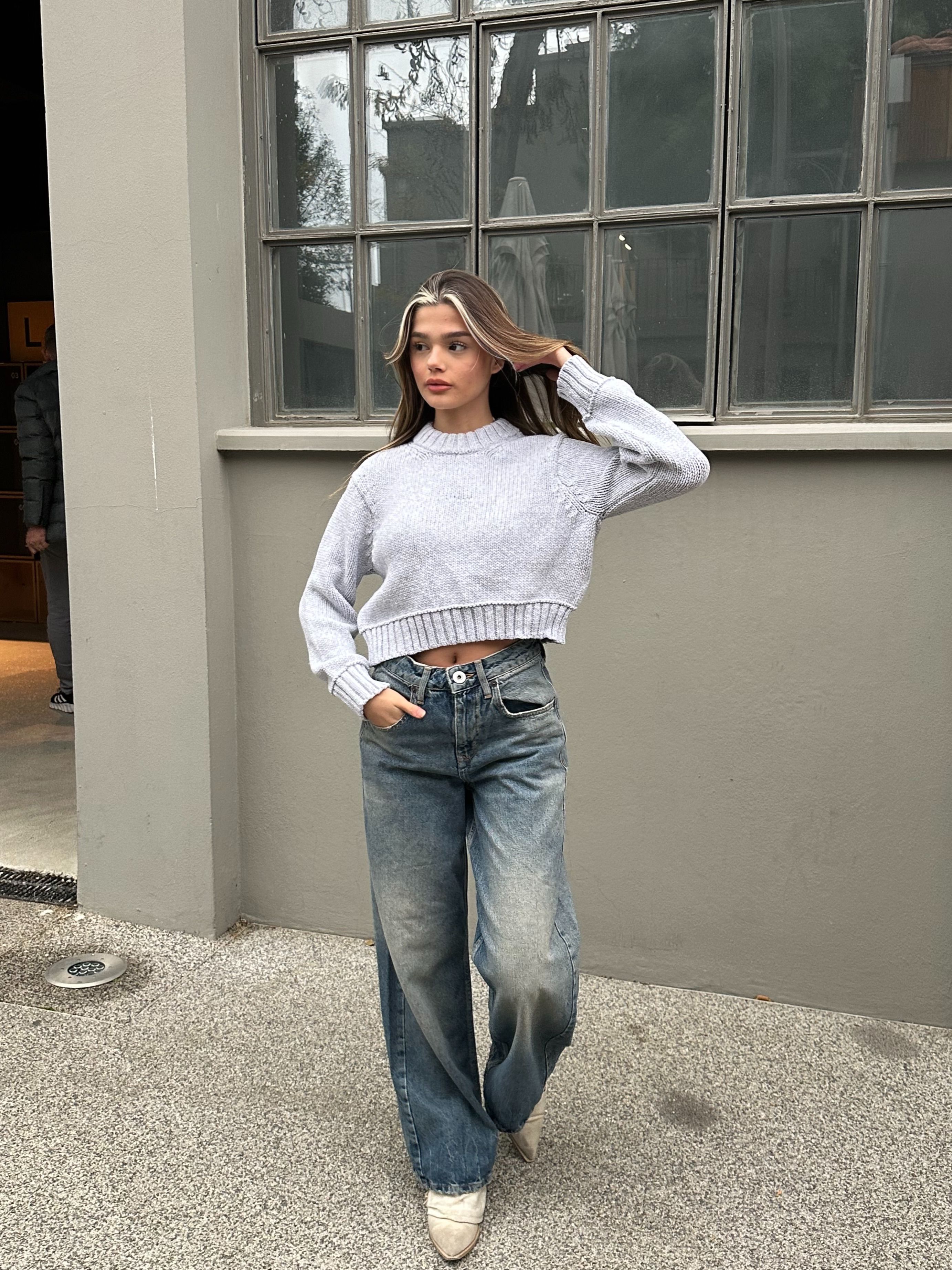 Açık Gri Örme Crop Kazak