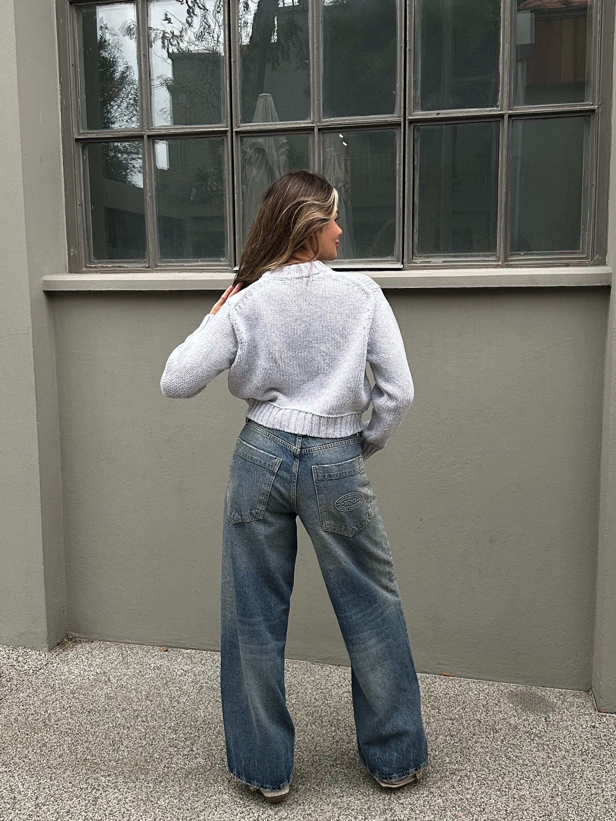 Açık Gri Örme Crop Kazak