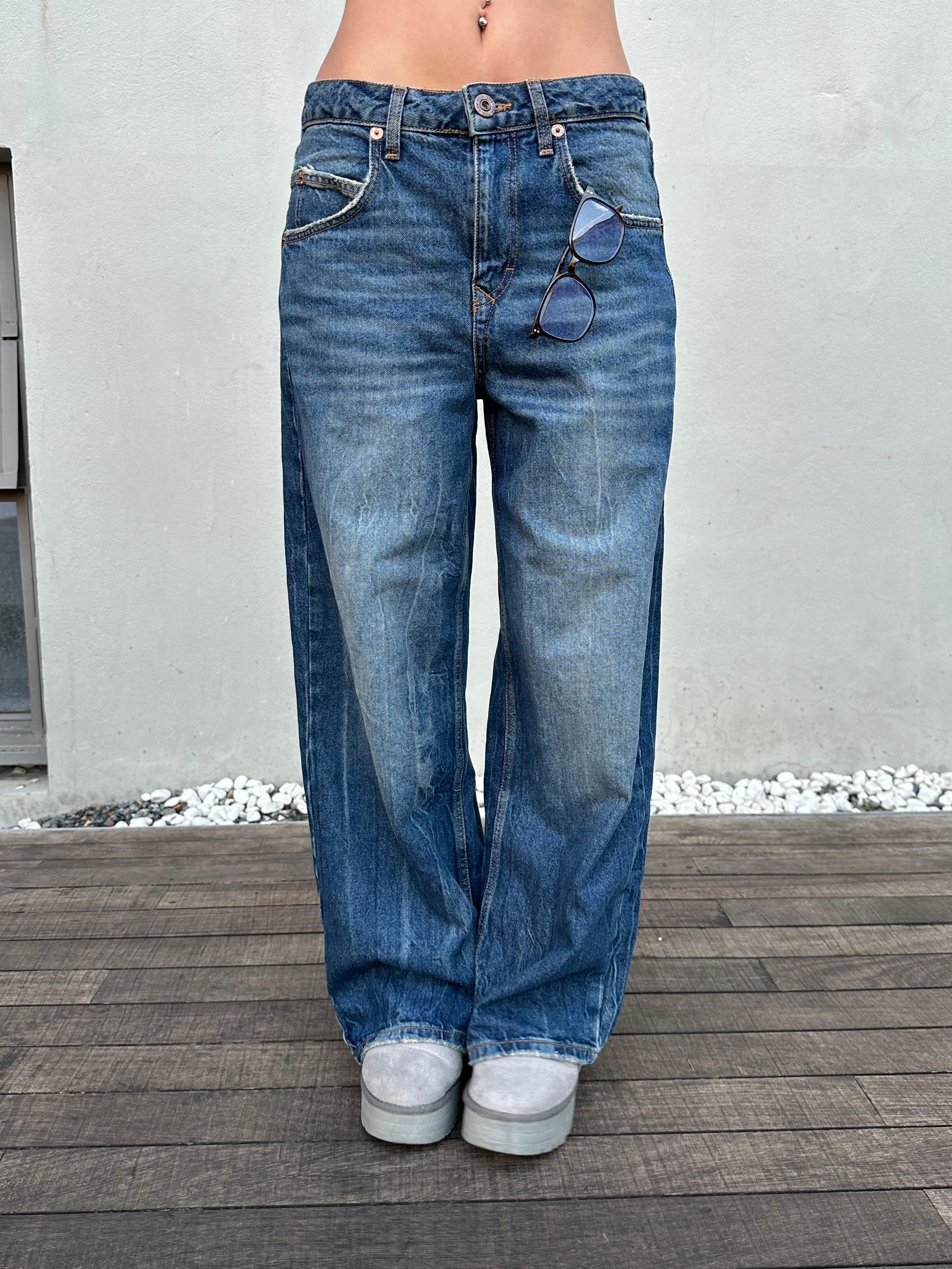 Yıkamalı Mavi Baggy Pantolon