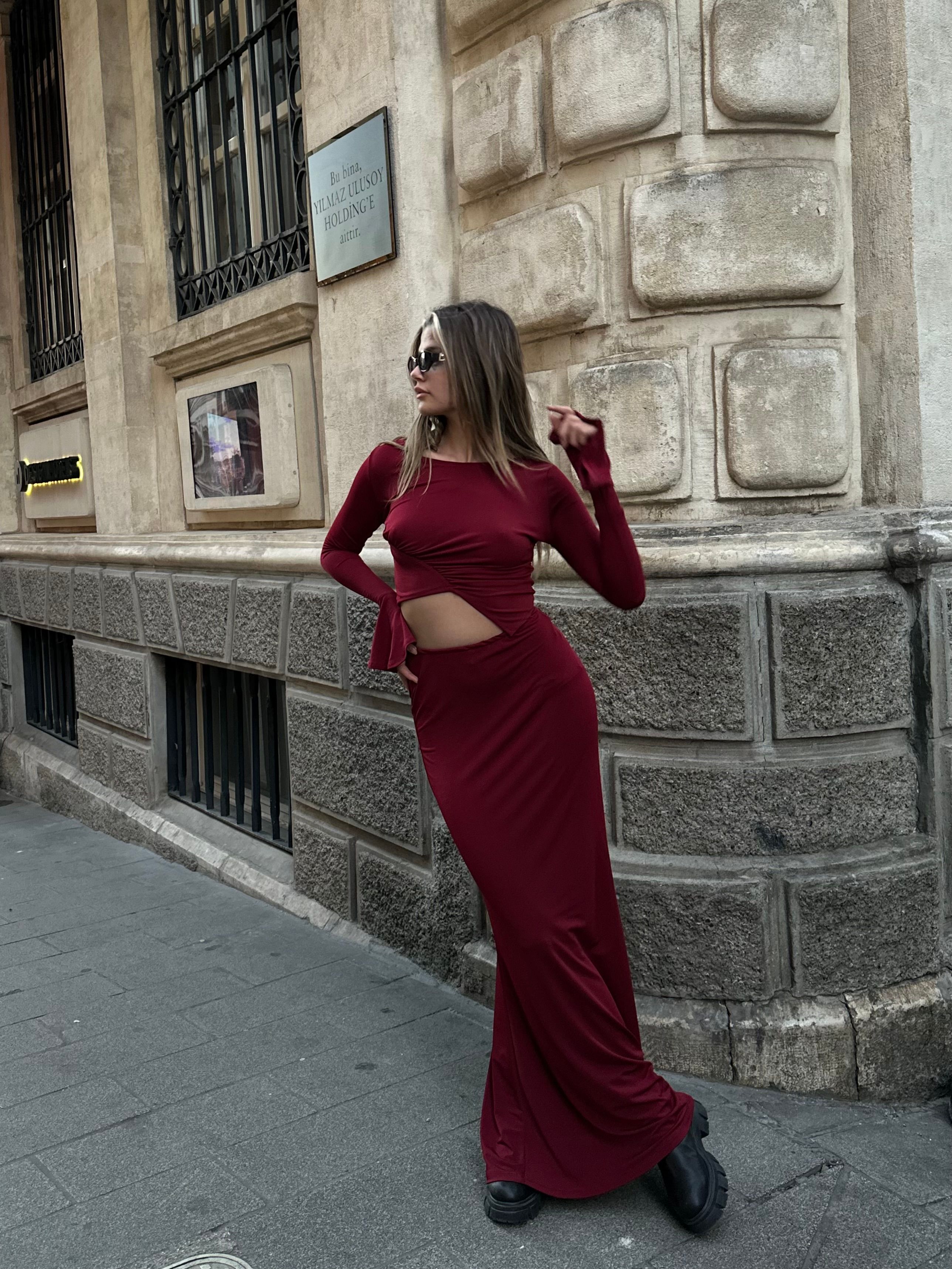 Mariah Büzgülü Bordo Etek Takım
