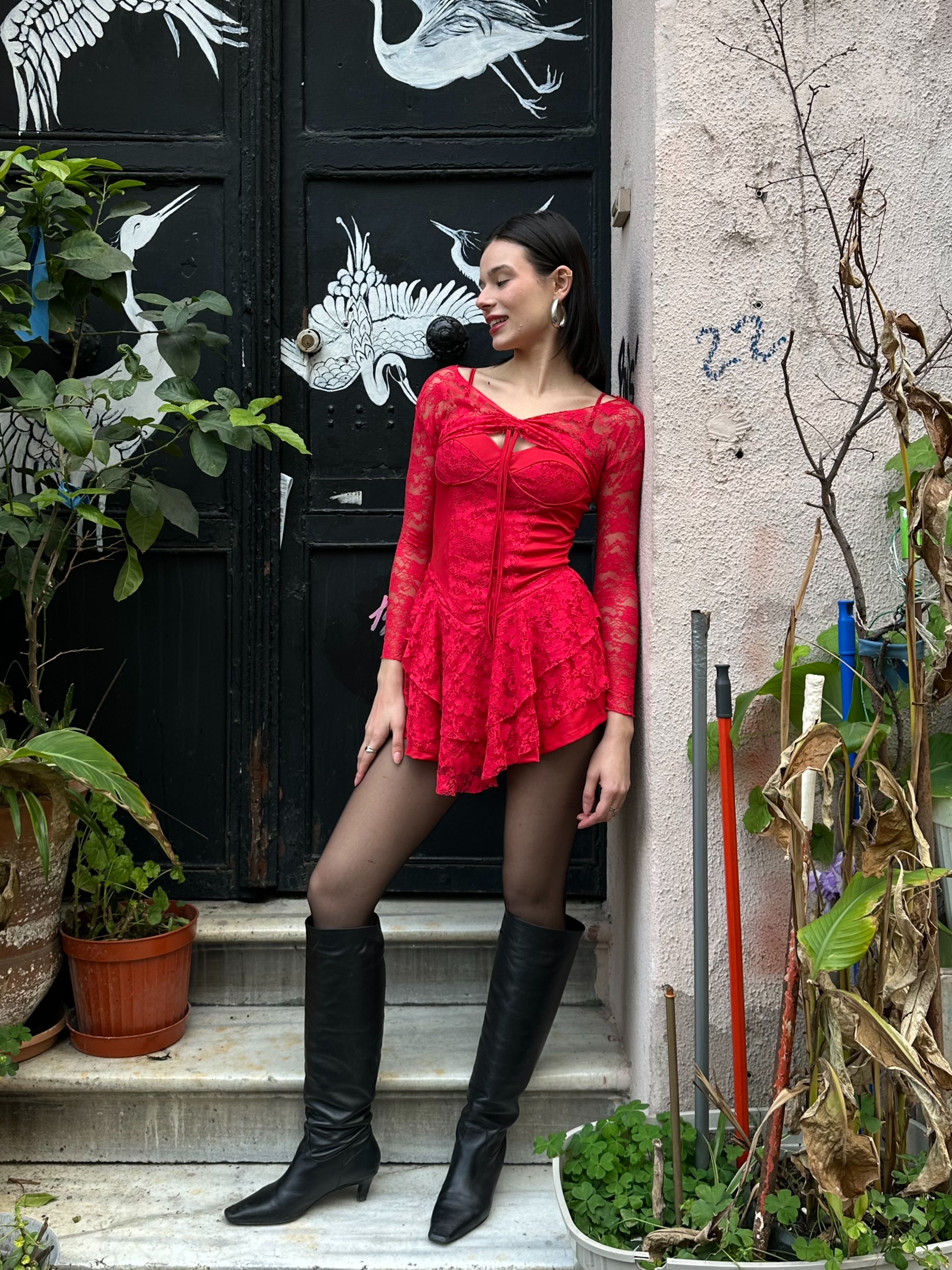 Kırmızı Bolero Detay Dantelli Mini Elbise