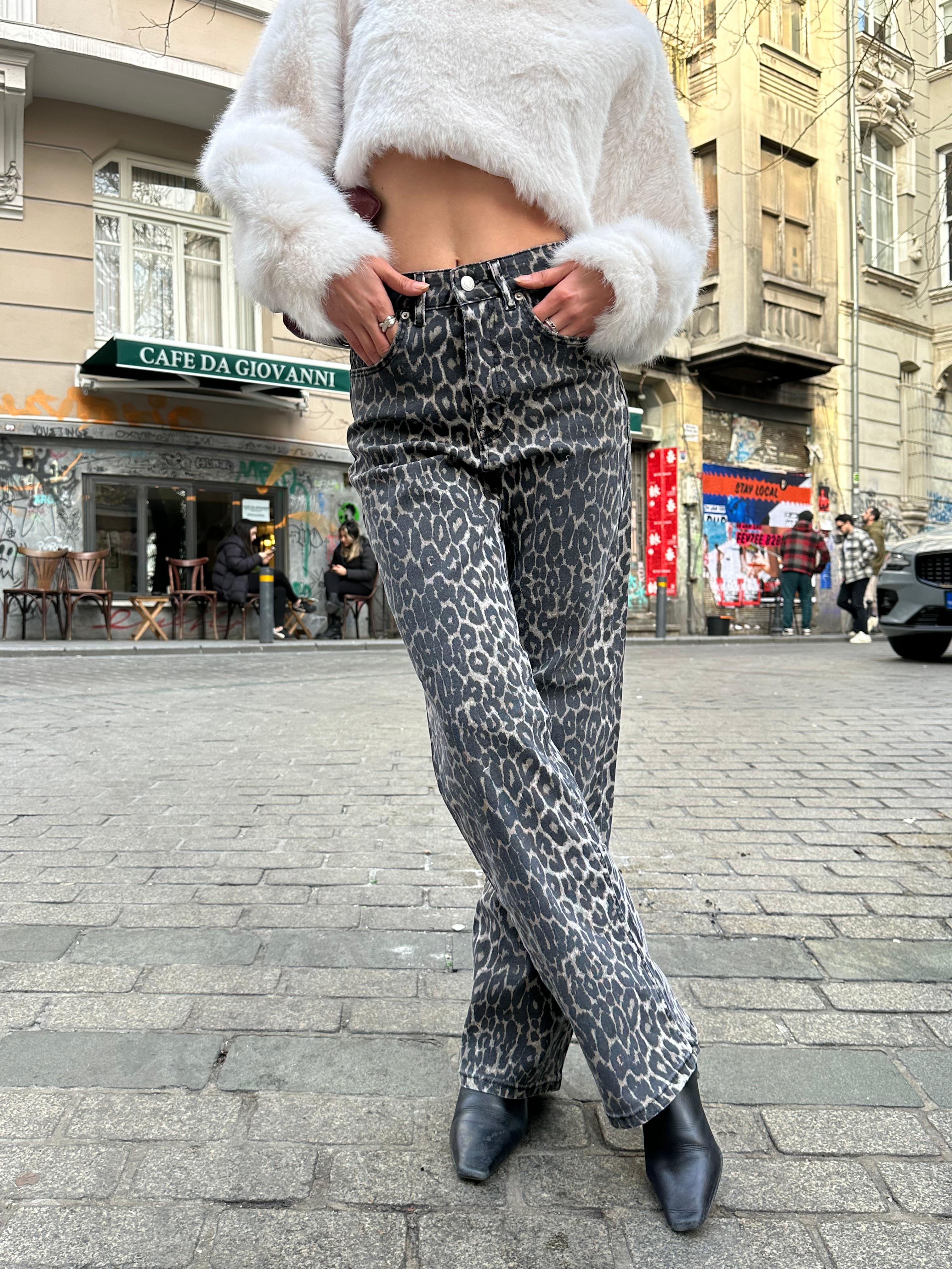 Leopar Desenli Straight Jean