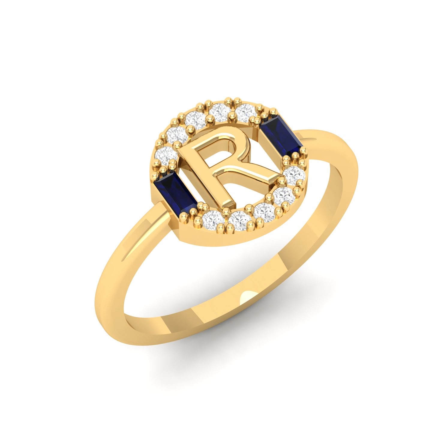 Initial R Letter Ring Baguette Cut 0.20 CT