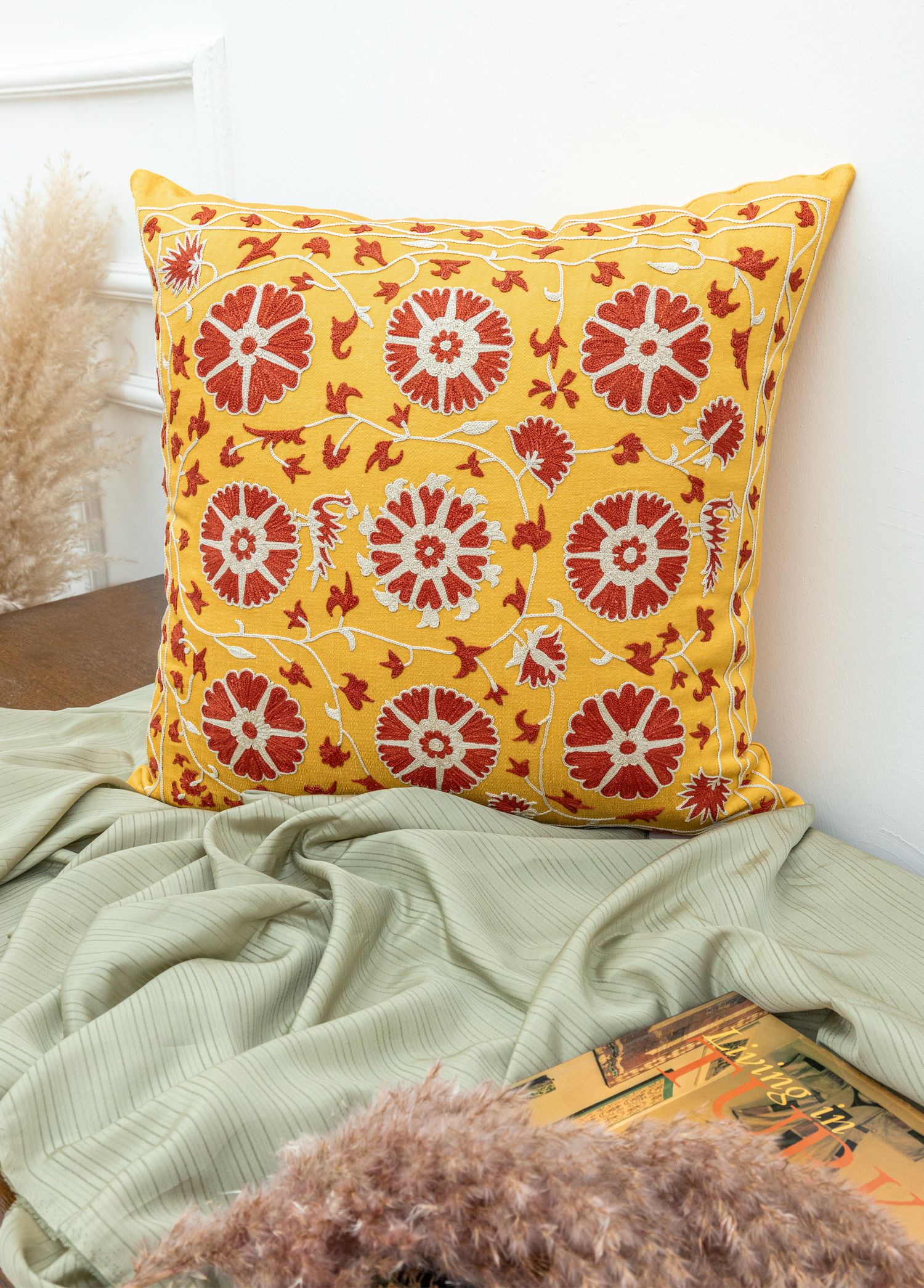 Nergis Silk Embroidered Yellow Cushion 50x50 cm