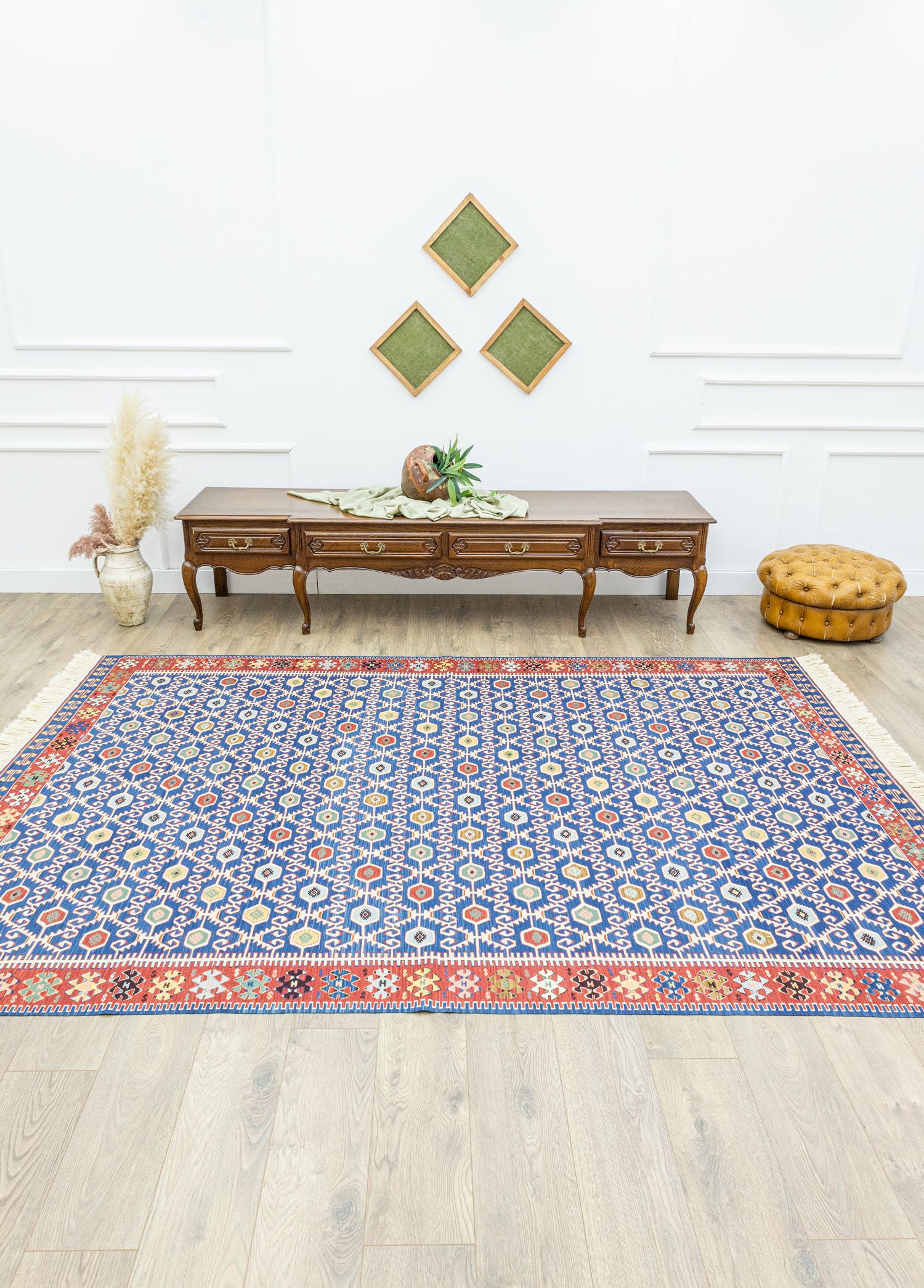 Koltan Geometrik Desenli Mavi Yün Kilim 202 x 293 cm