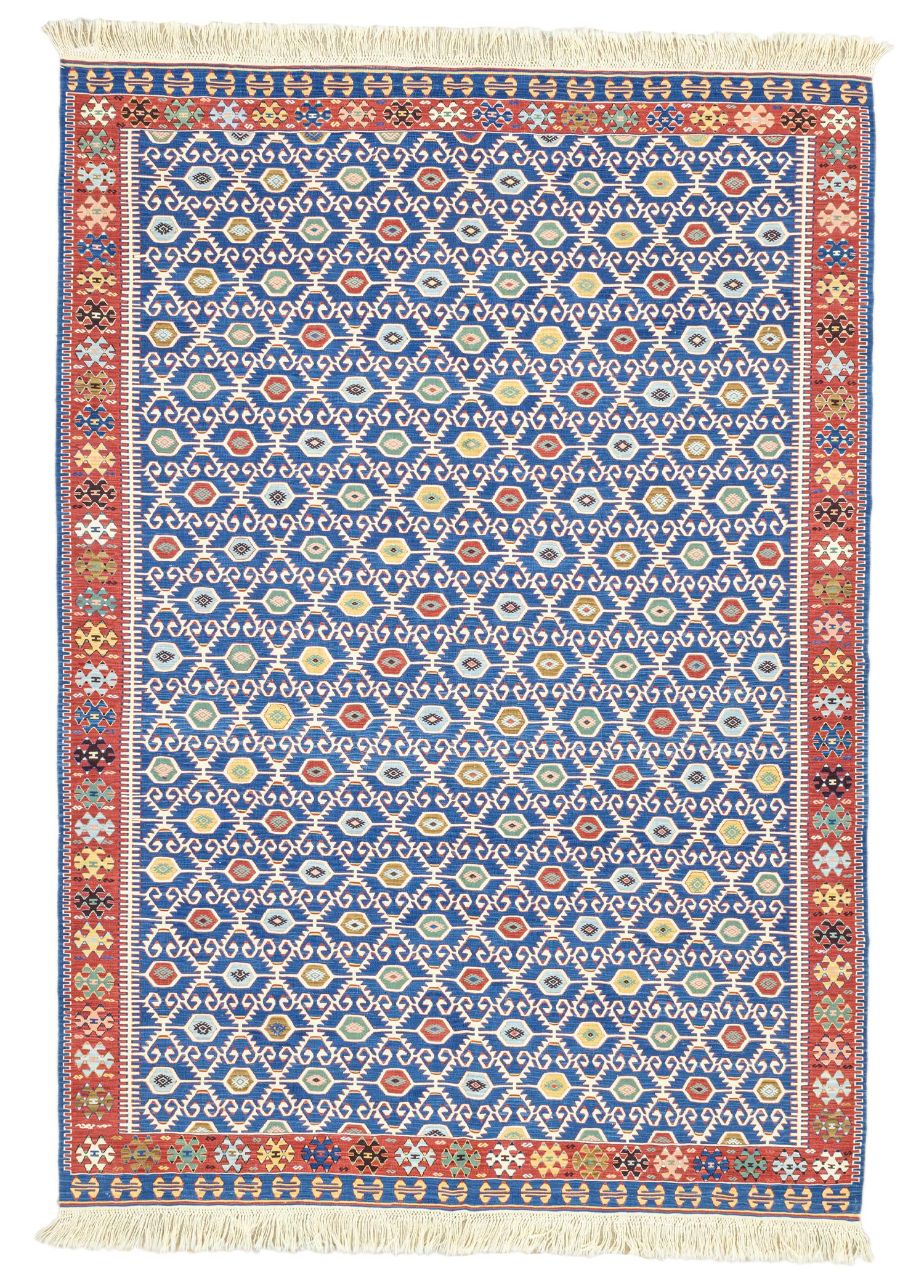 Koltan Geometrik Desenli Mavi Yün Kilim 202 x 293 cm