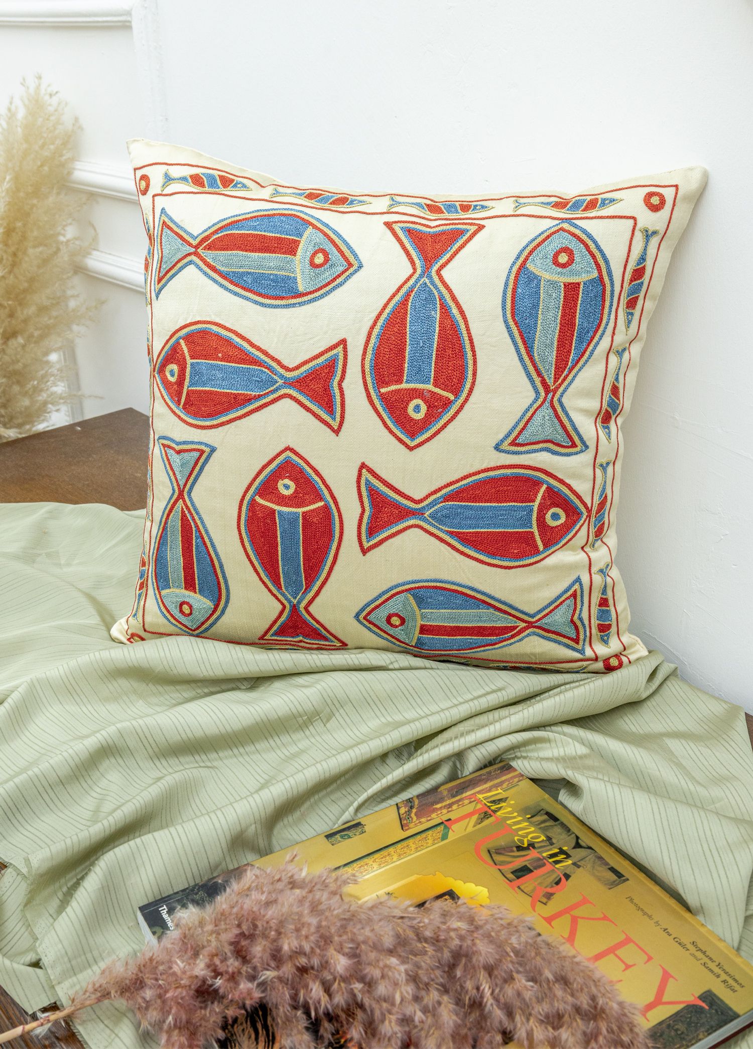 Elburz Fish Embroidered Suzani Cushion 45x45 cm