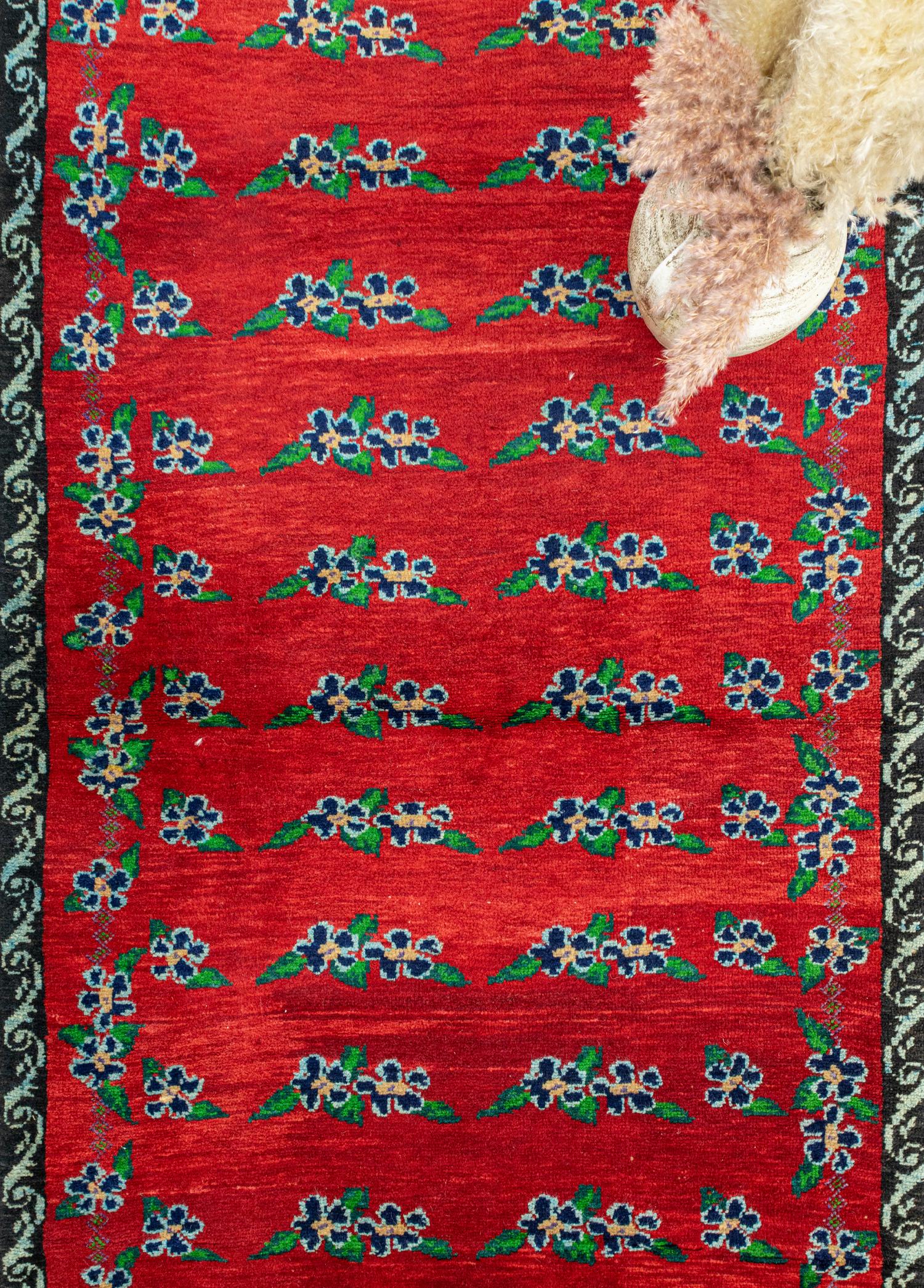 Derda Çiçek Desenli Kırmızı El Dokuma Halı 122x282 cm