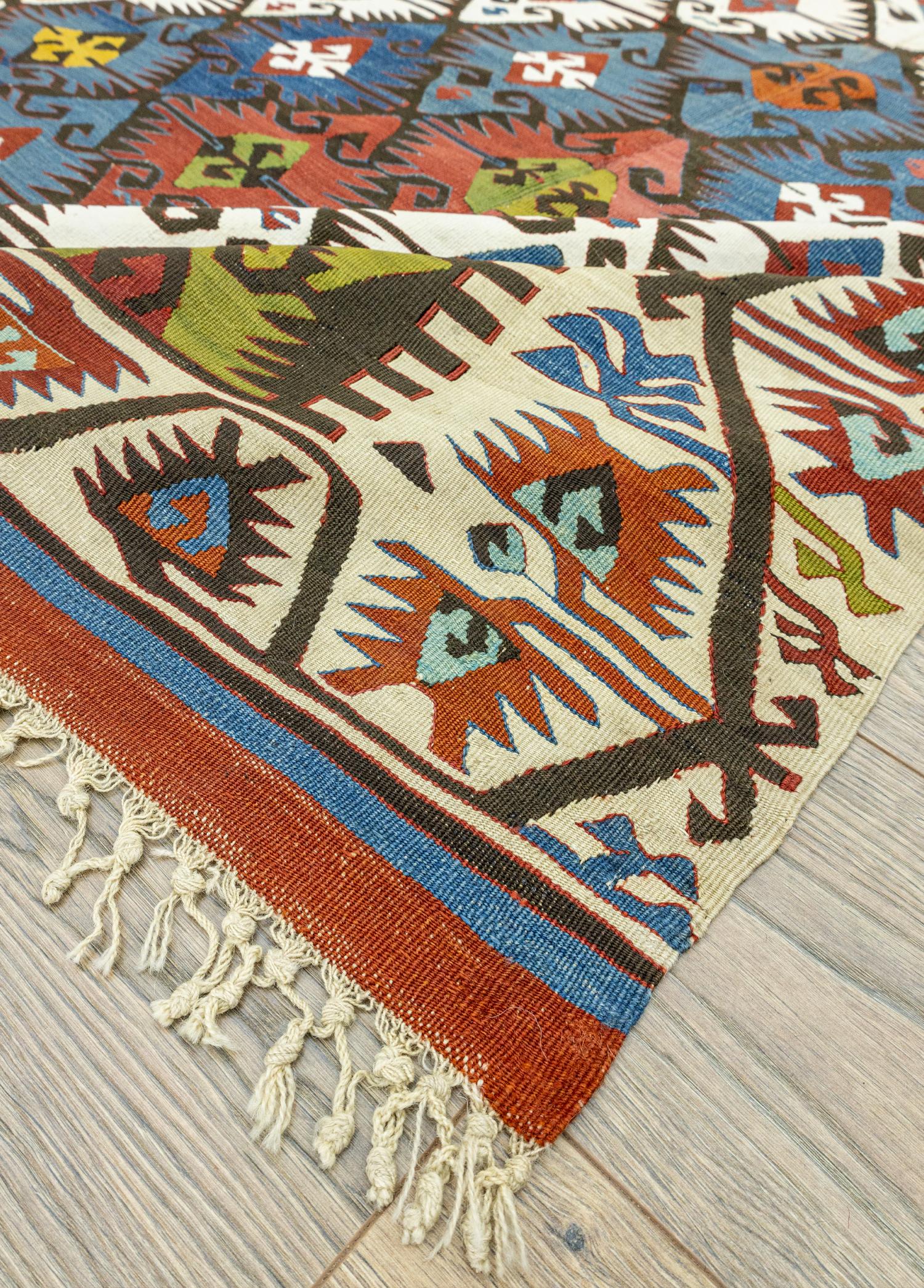 Konya, Ethnic Double-wings Handwoven Antique Kilim