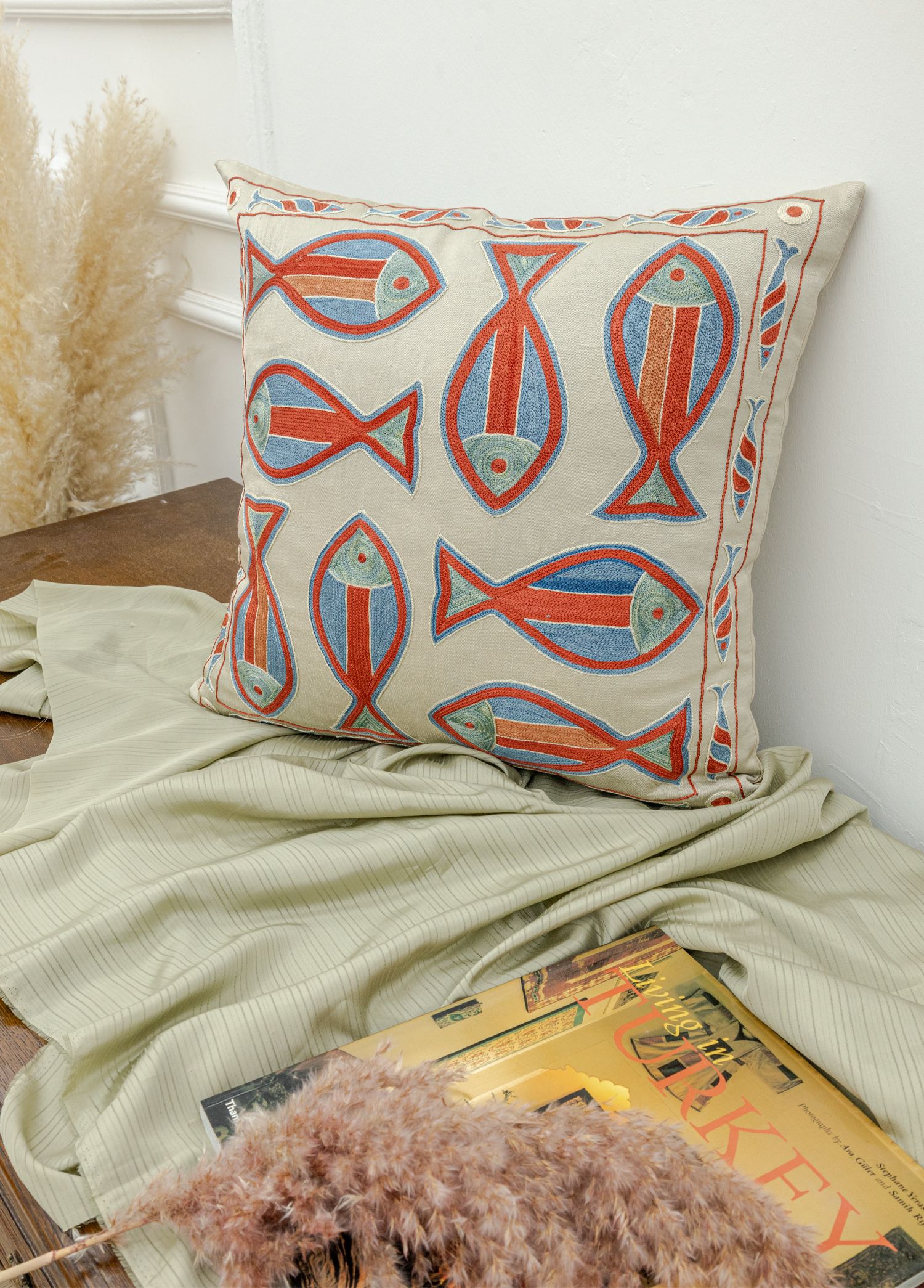 Berter Fish Patterned Silk Cushion 50x50 cm