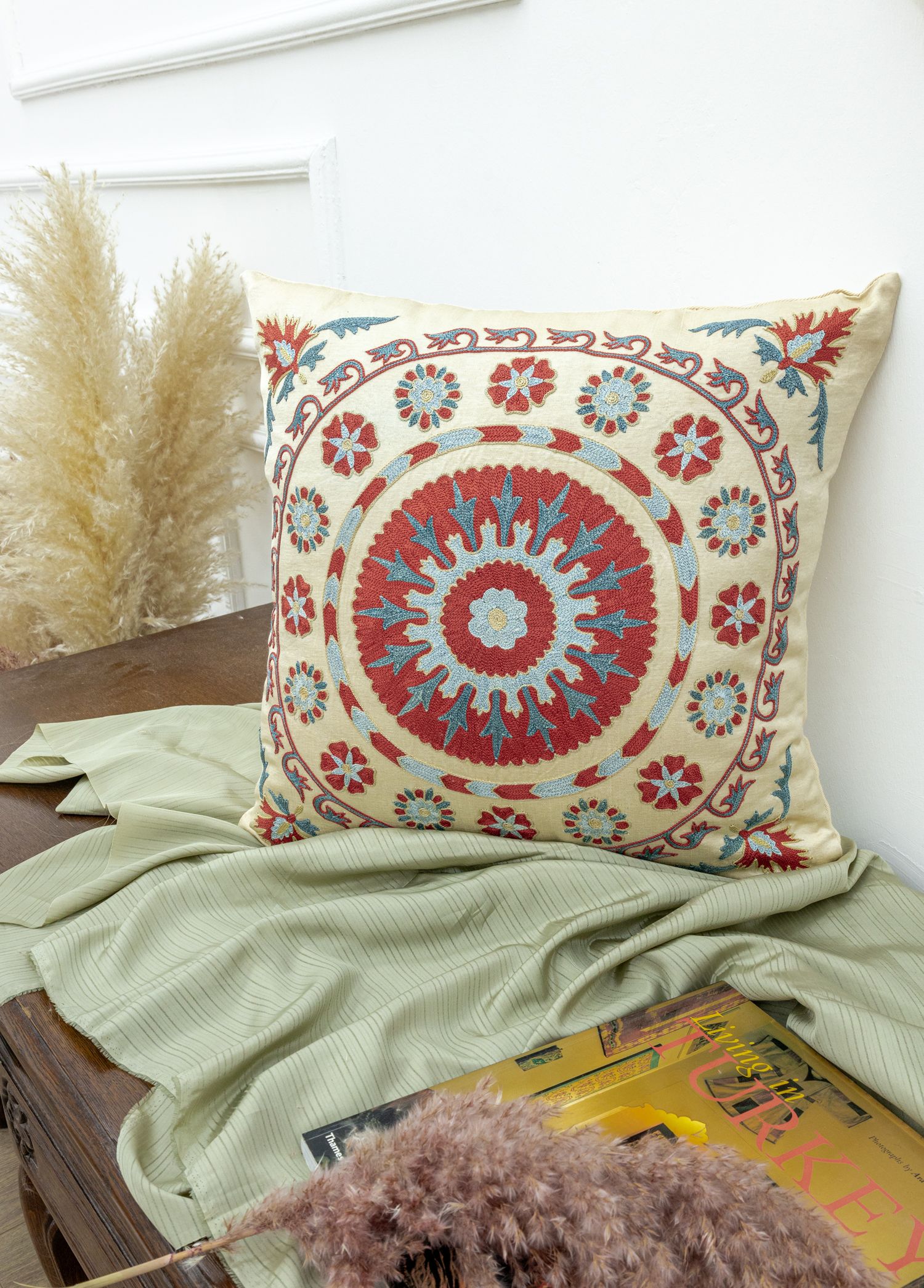 Yasha Floral Silk Suzani Cushion 50x50 cm