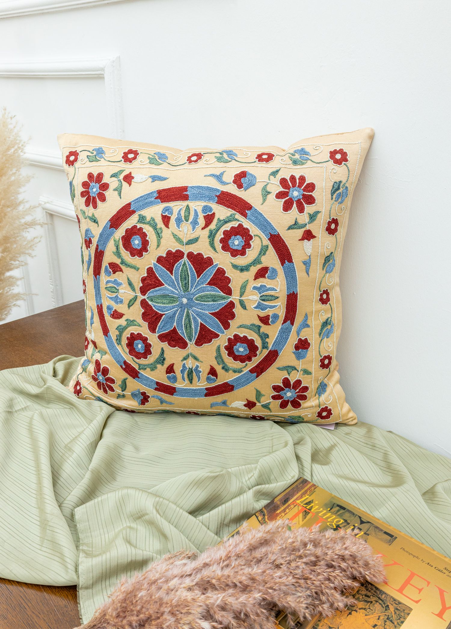 Okker Silk Embroidered Suzani Pillow 50x50 cm