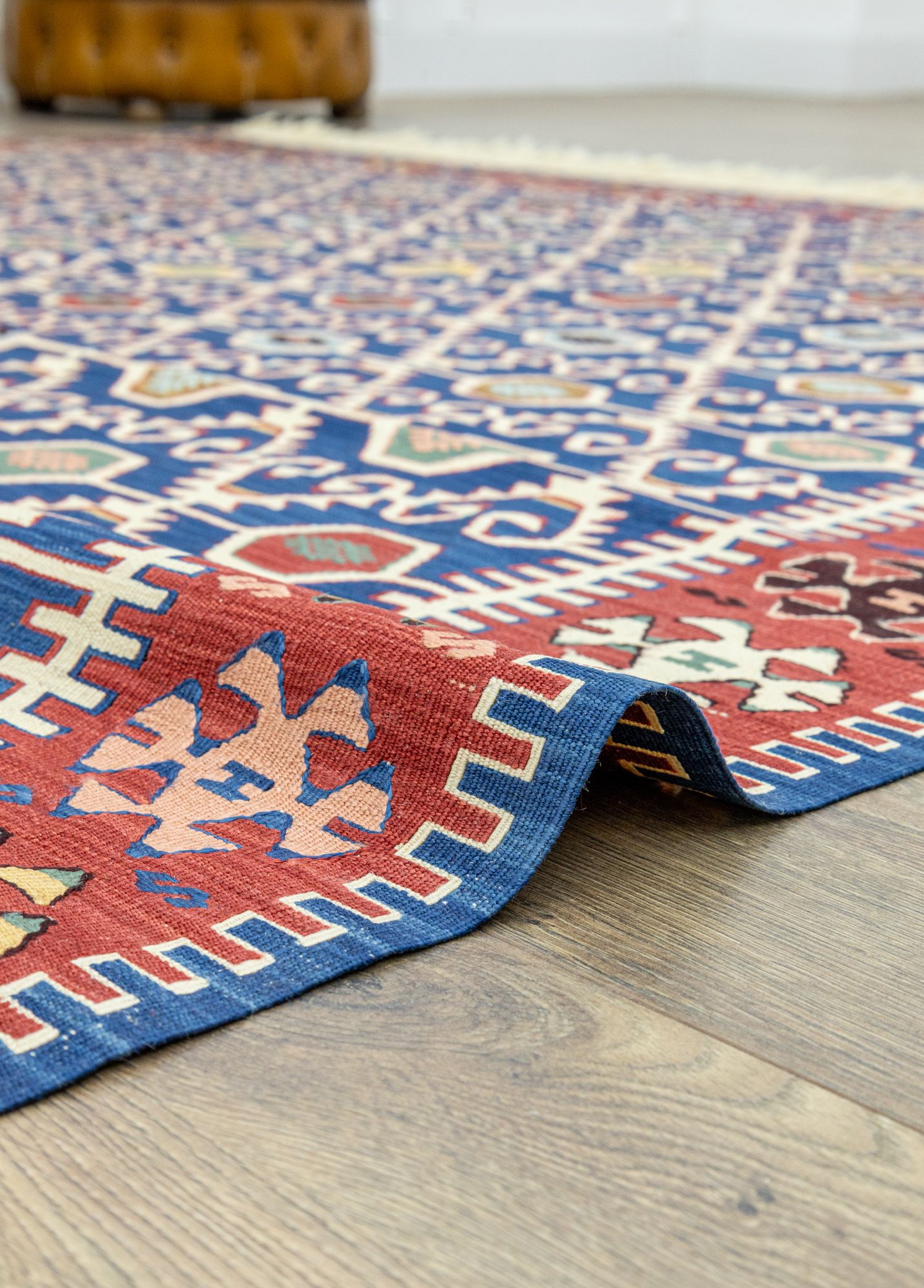 Koltan Geometric Patterned Blue Wool Kilim 202 x 293 cm