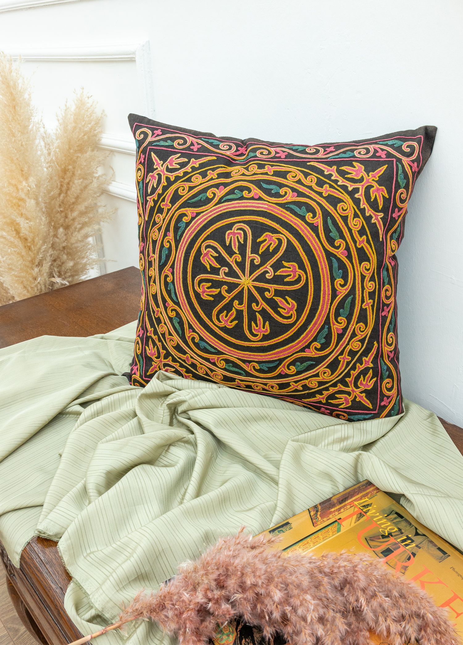 Ahves Embroidered Black Silk Cushion 50x50 cm