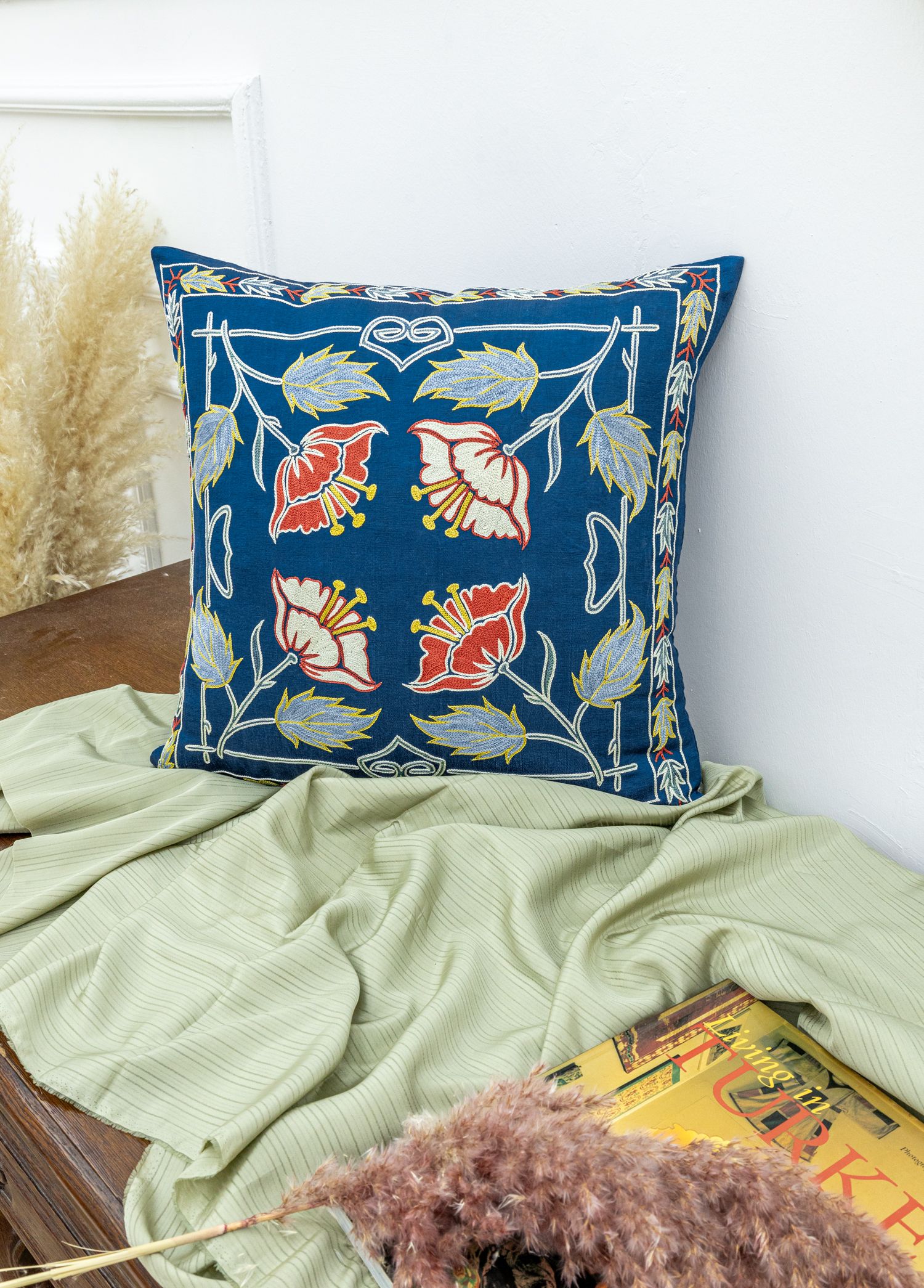 Dare Flower Embroidered Silk Cushion 45x45 cm