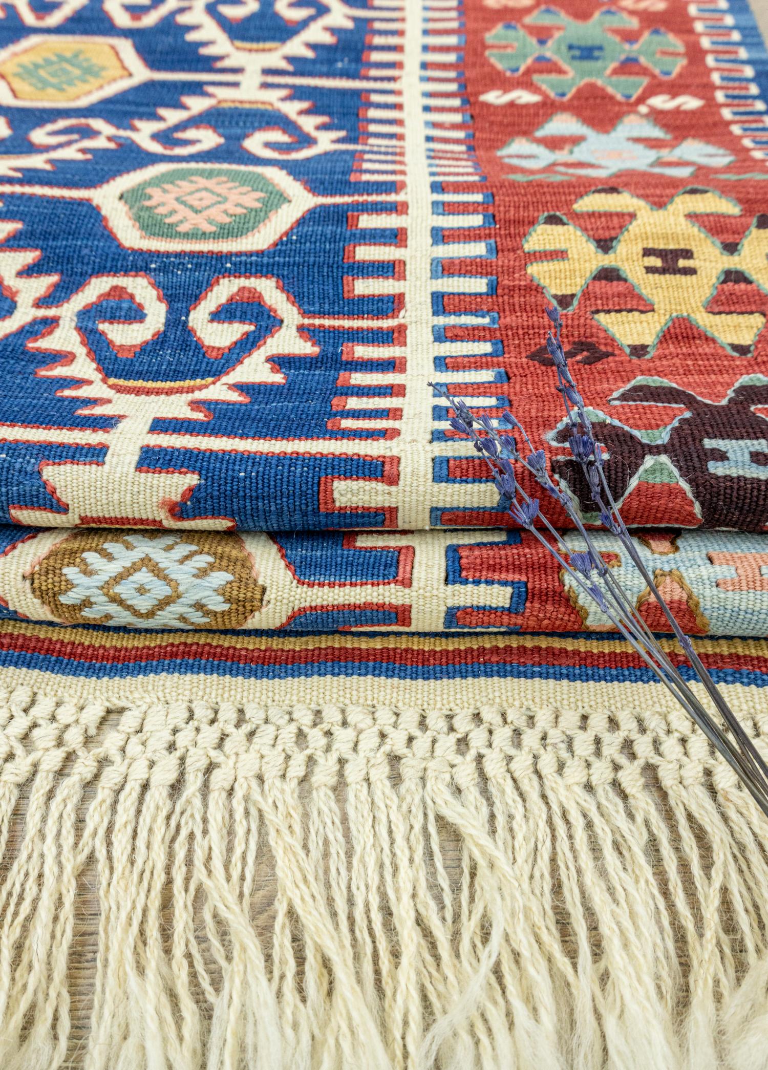 Koltan Geometric Patterned Blue Wool Kilim 202 x 293 cm