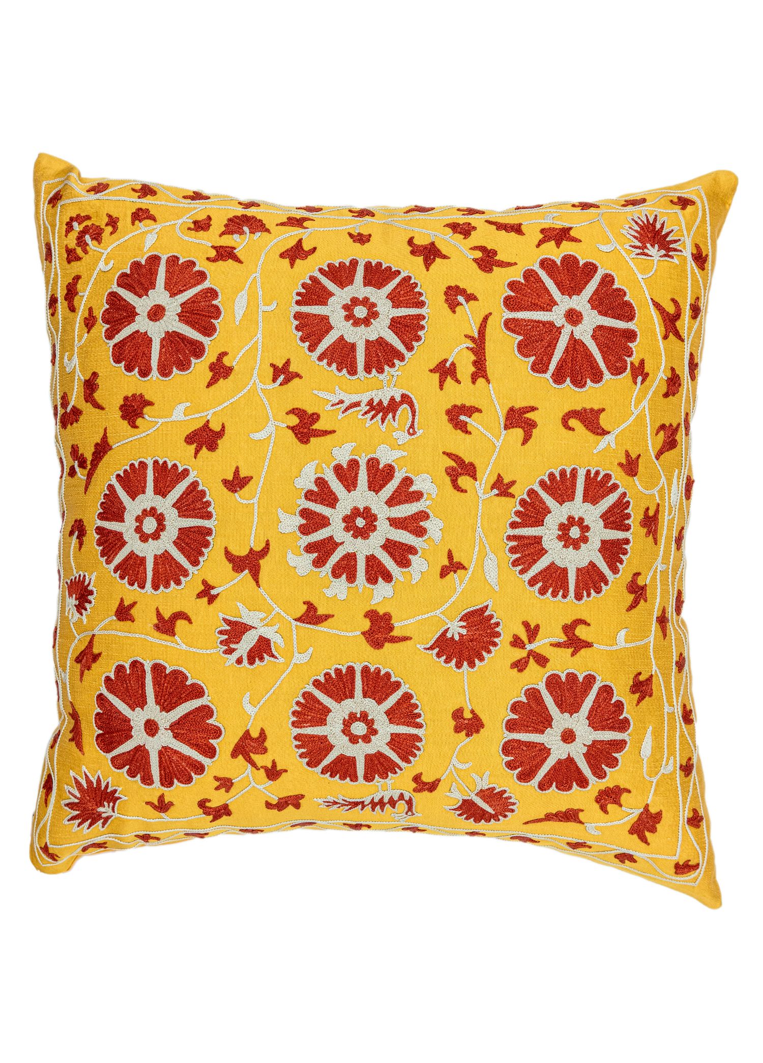 Nergis Silk Embroidered Yellow Cushion 50x50 cm