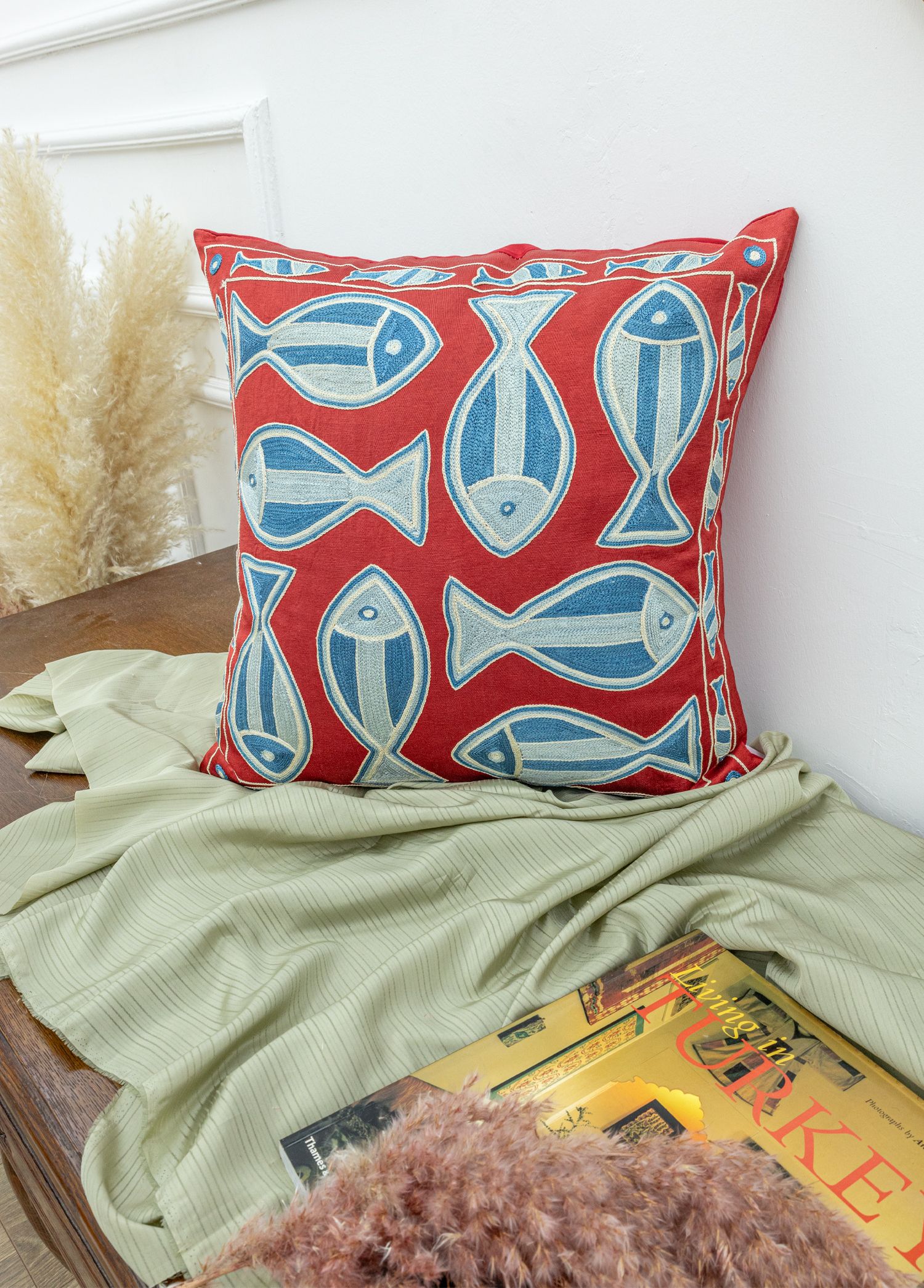 Mogan Fish Patterned Silk Cushion 50x50 cm