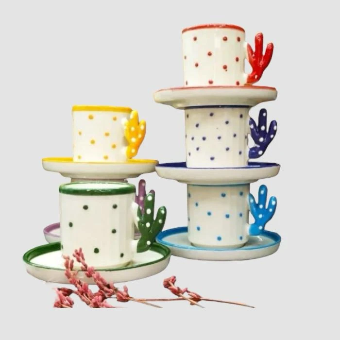 Turkish Ceramic Handmade Cactus Turkish Coffee Cup Set 90ml 6 Pieces