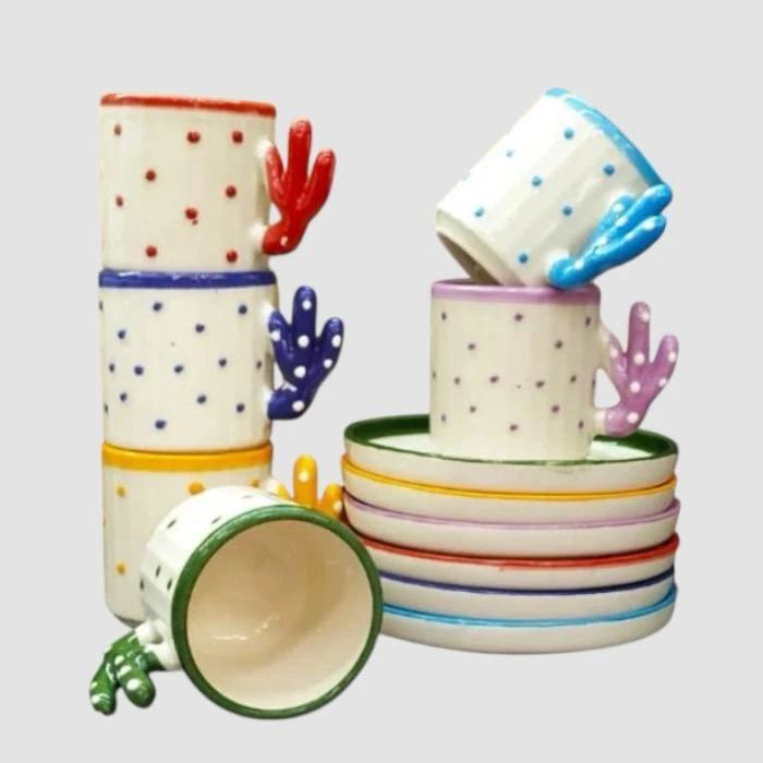 Turkish Ceramic Handmade Cactus Turkish Coffee Cup Set 90ml 6 Pieces