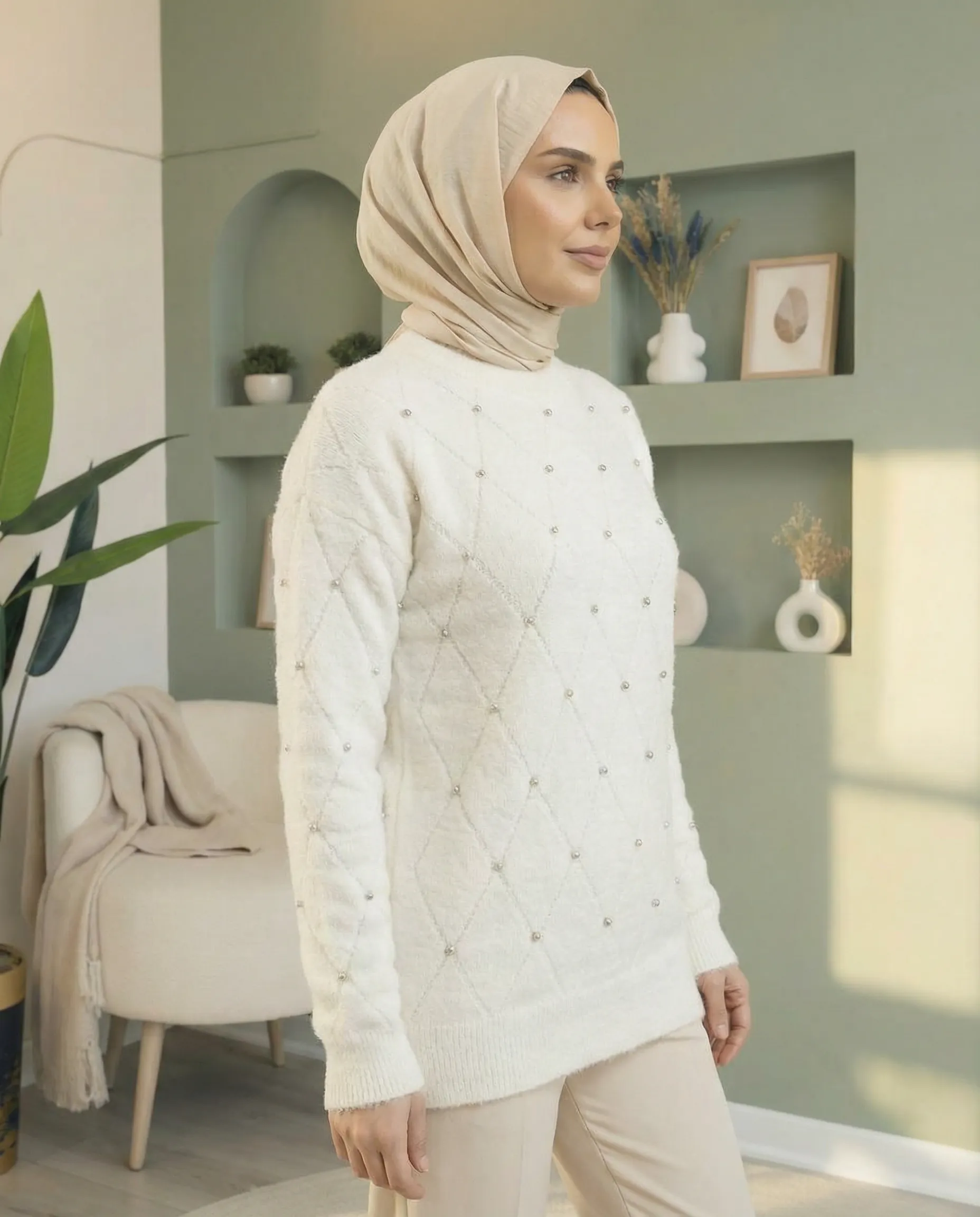 Yumoş İnceli Kazak – Standart Beden   - BEYAZ