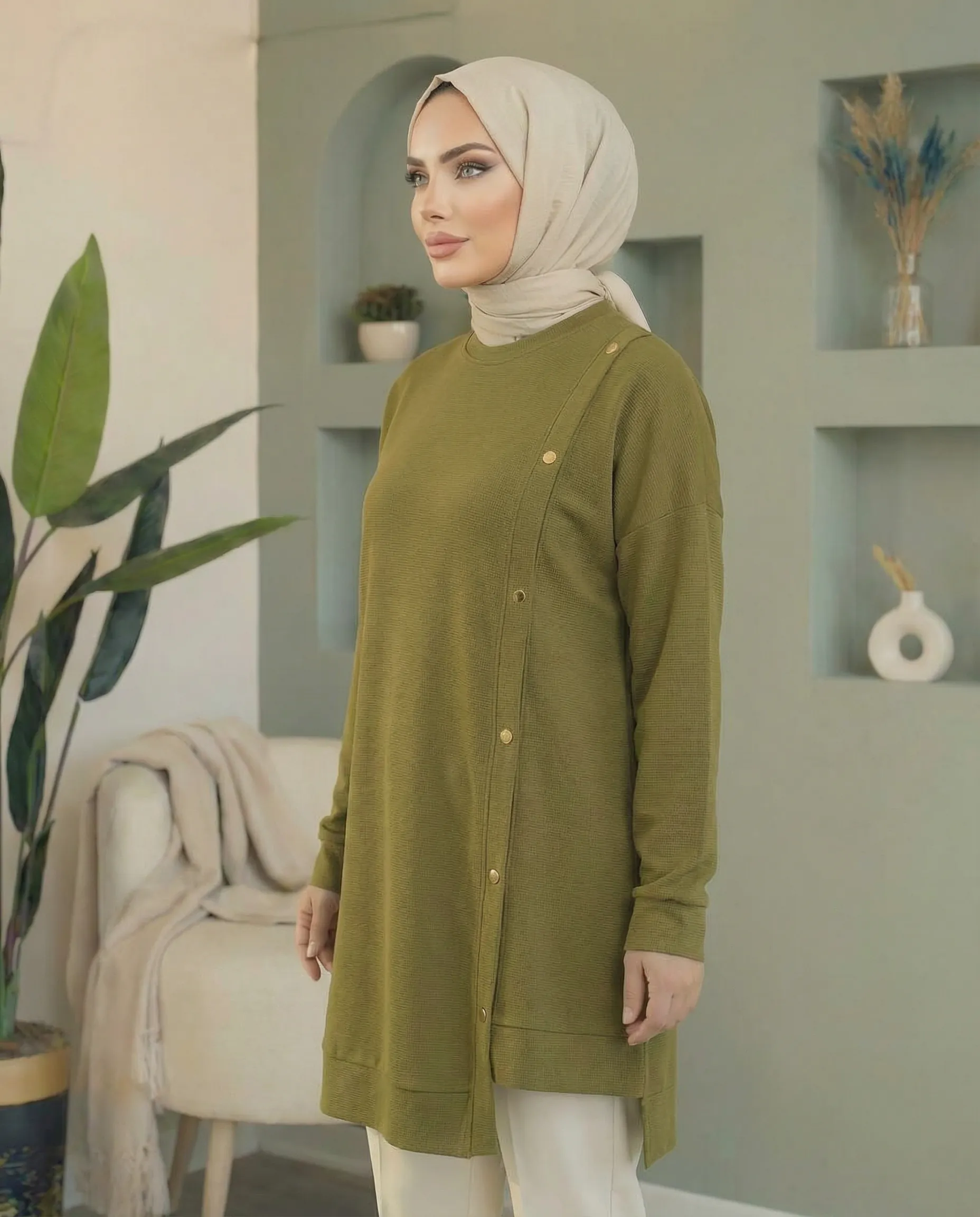 Oysho Zımbalı Tunik - YAĞ YEŞİLİ