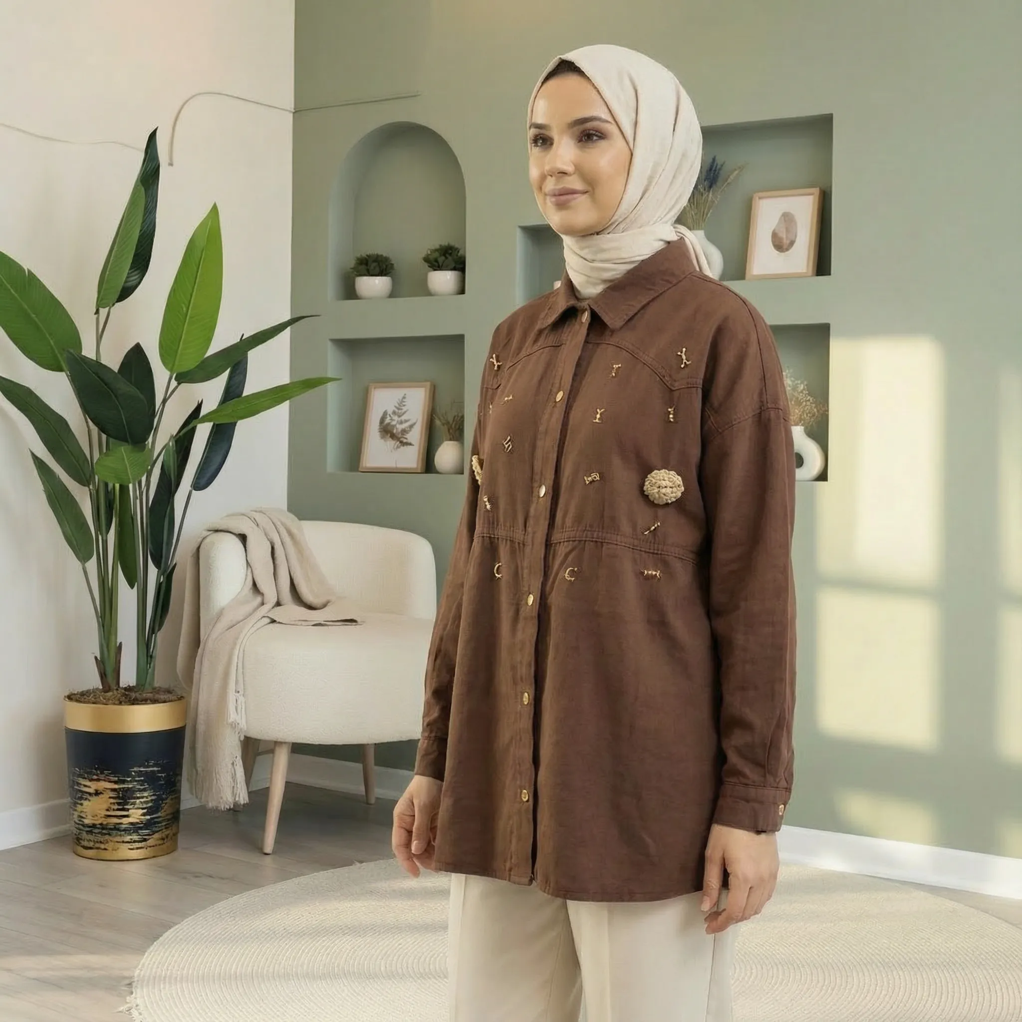 Koton Gömlek – %100 Koton Kumaş - KAHVERENGİ