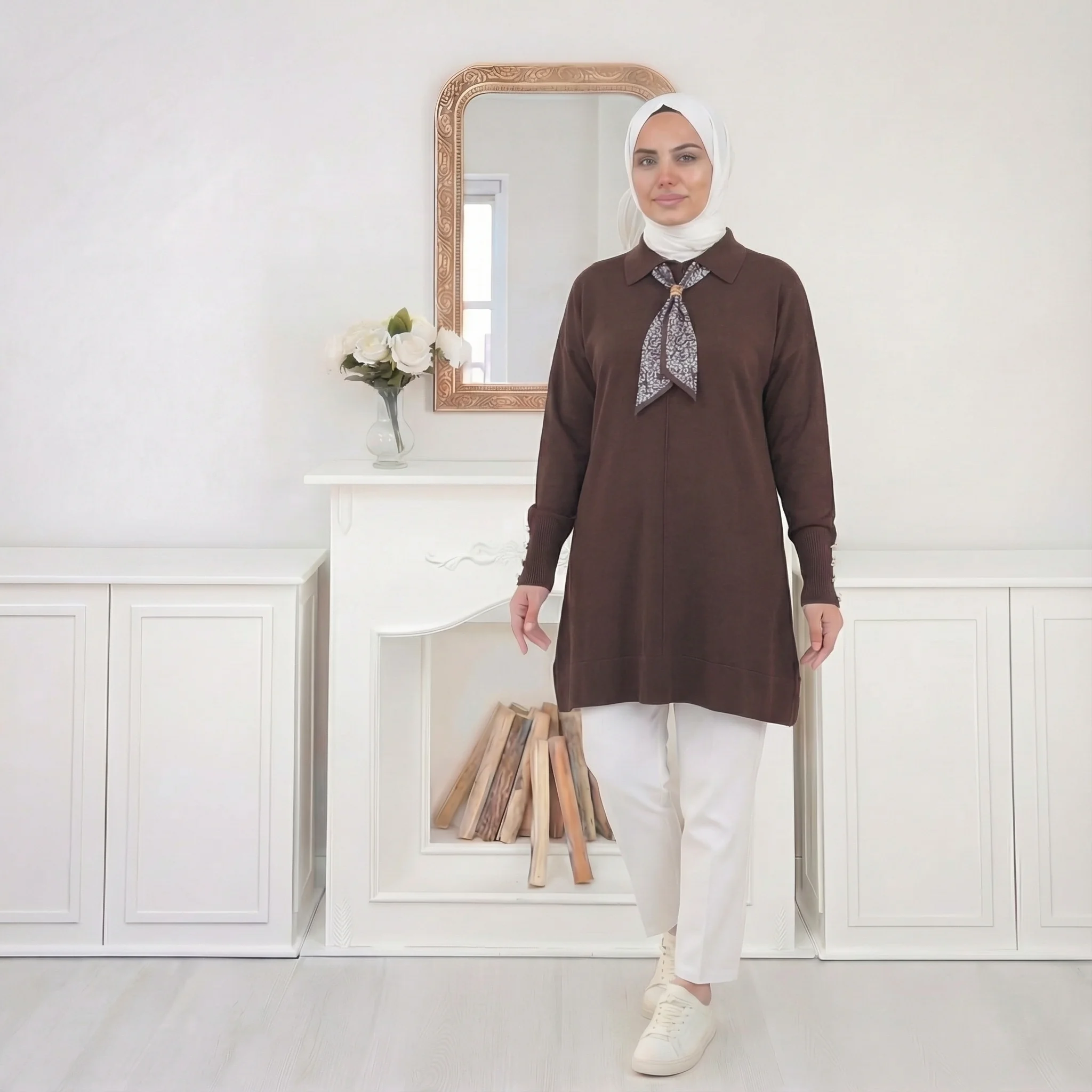 İnce Triko Yakalı Kazak – Standart Beden - Kahverengi