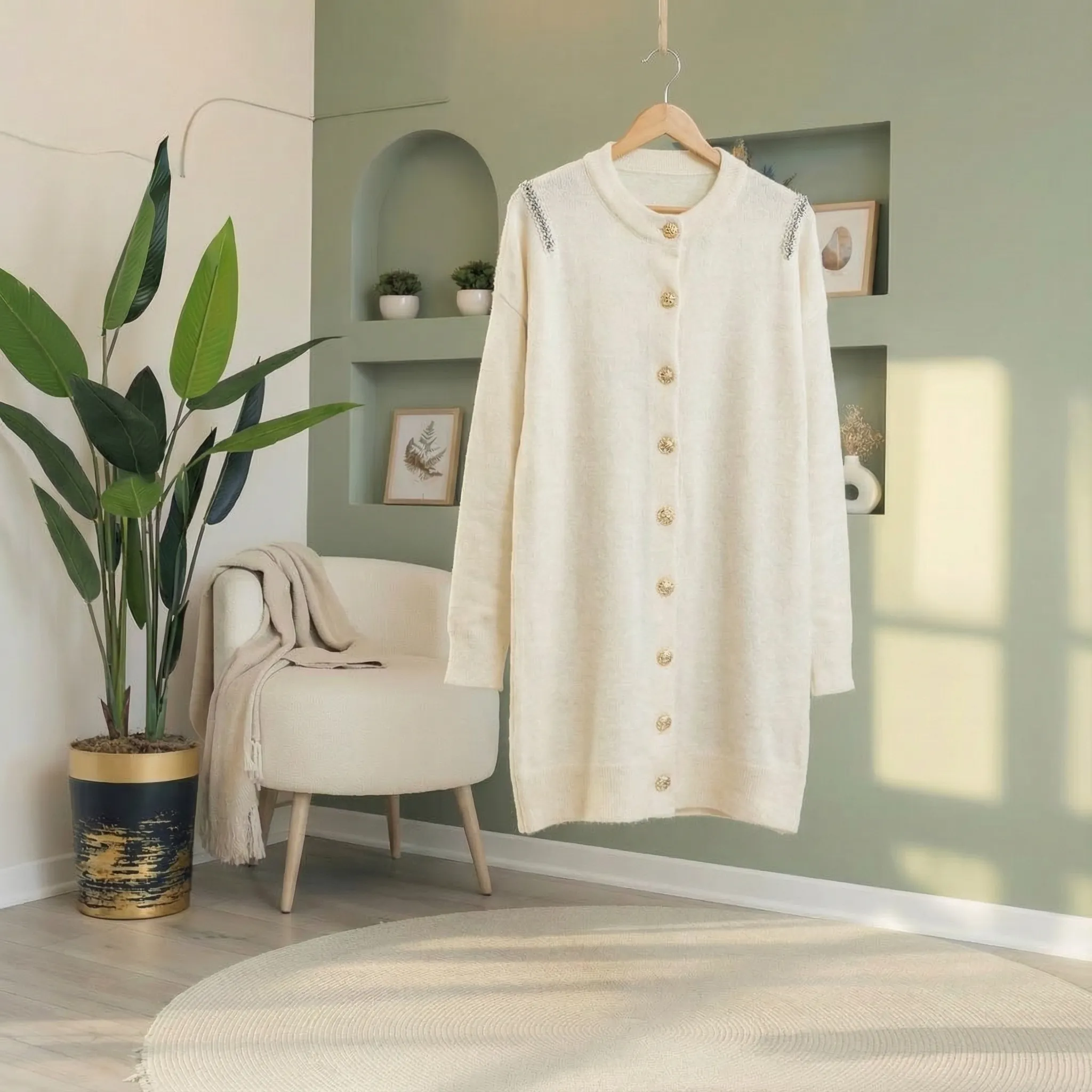 Aurora Taşlı Peluş Hırka – Standart Beden   - BEYAZ