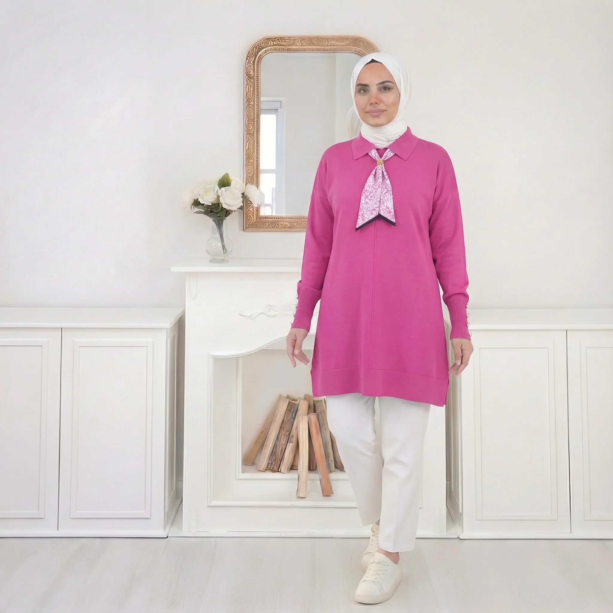 İnce Triko Yakalı Kazak – Standart Beden - Pembe