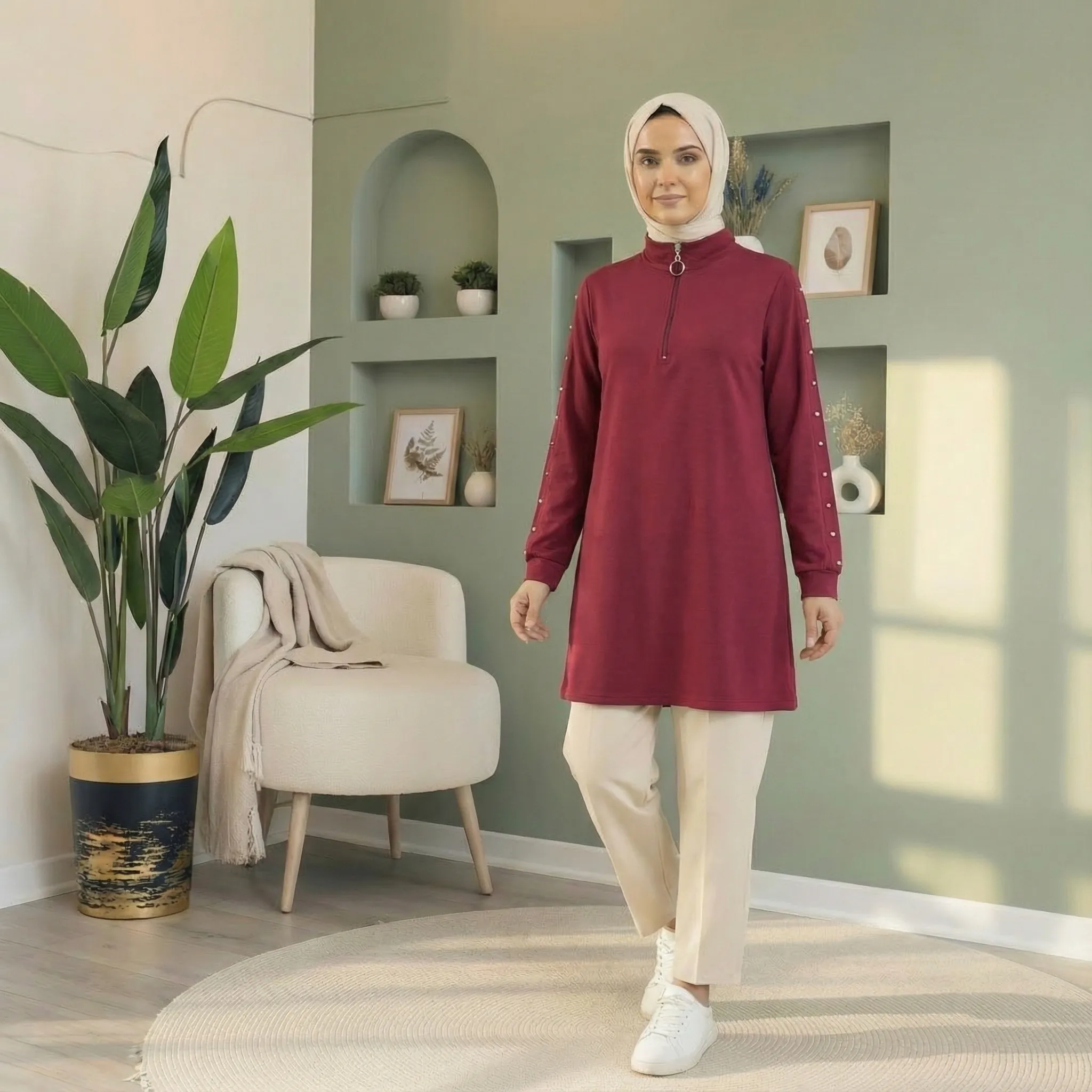 Oysho Kolları Taş Detaylı Tunik - BORDO