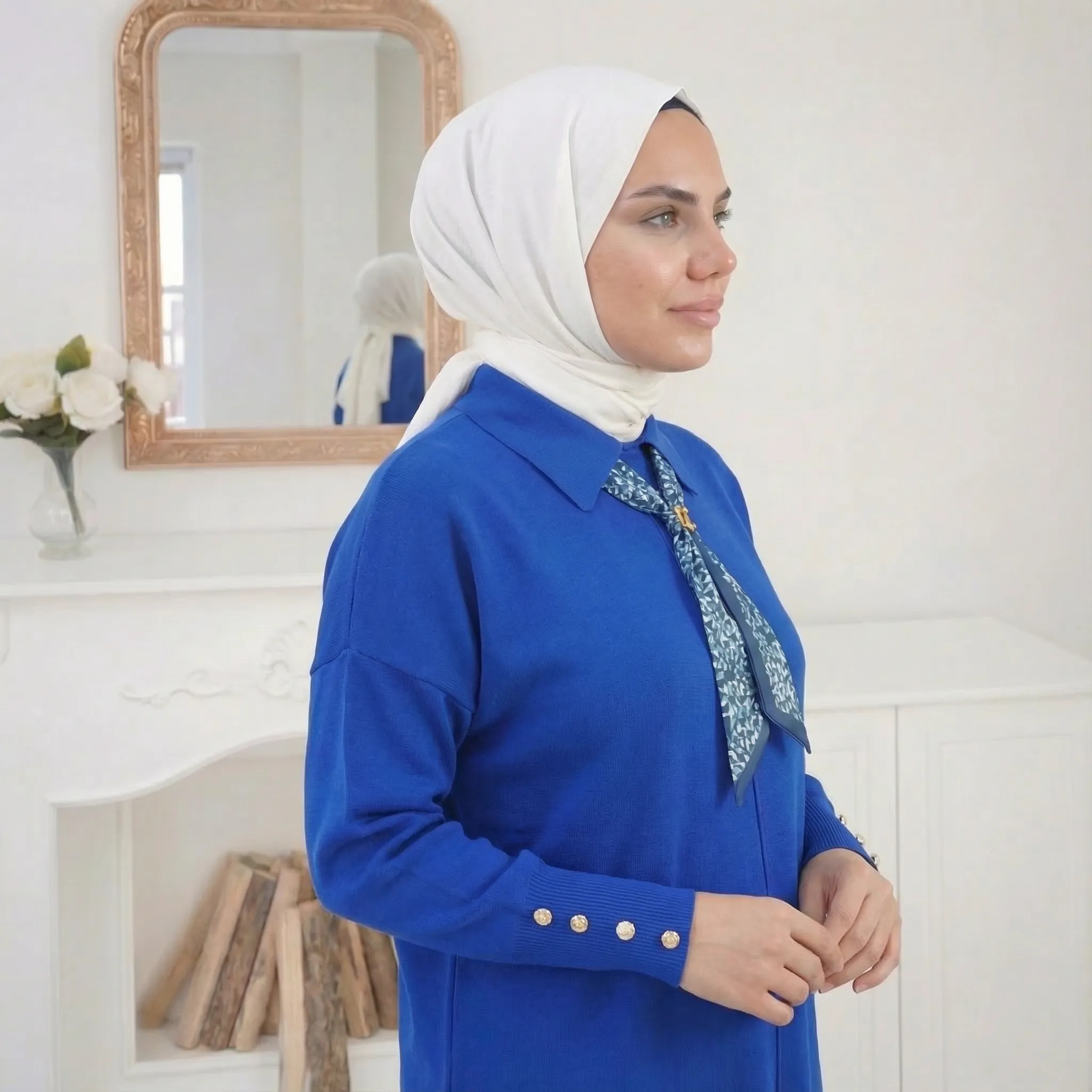 İnce Triko Yakalı Kazak – Standart Beden - Saks Mavisi