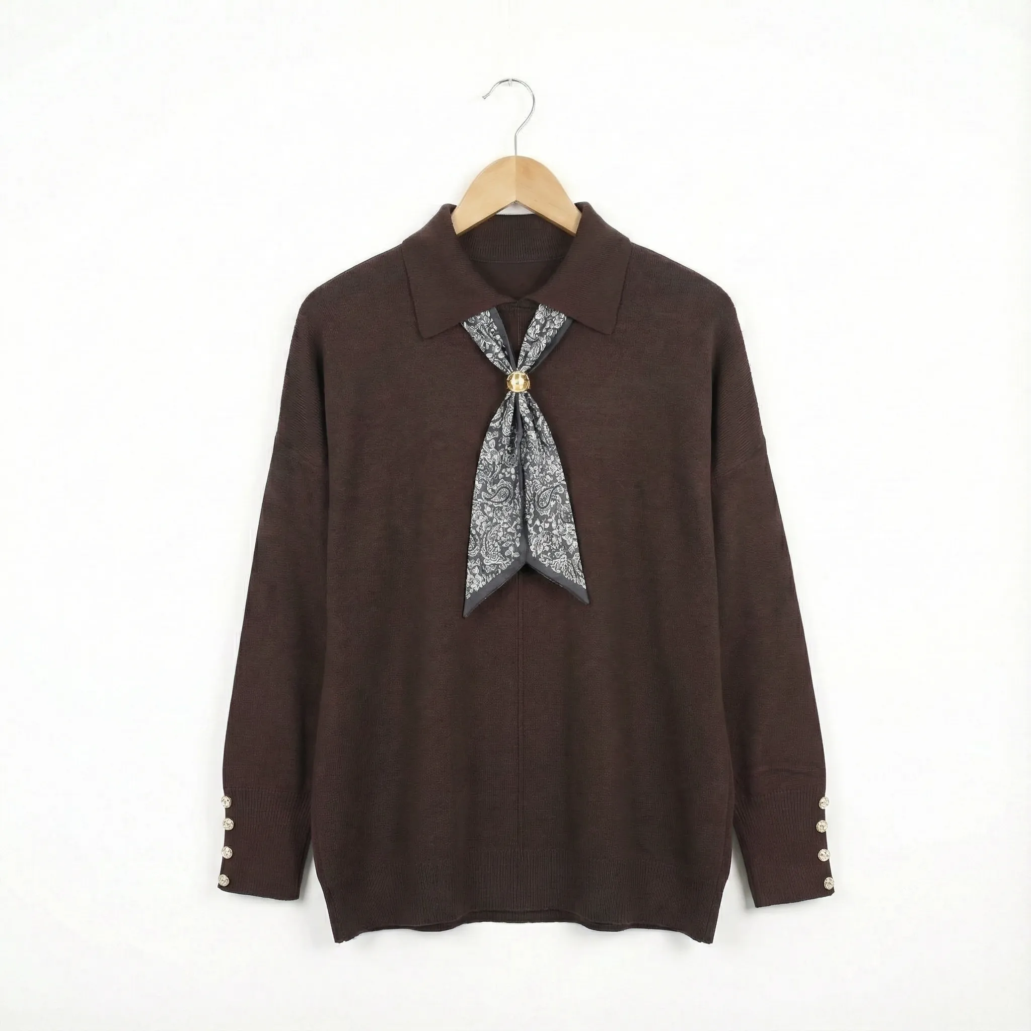 İnce Triko Yakalı Kazak – Standart Beden - Kahverengi