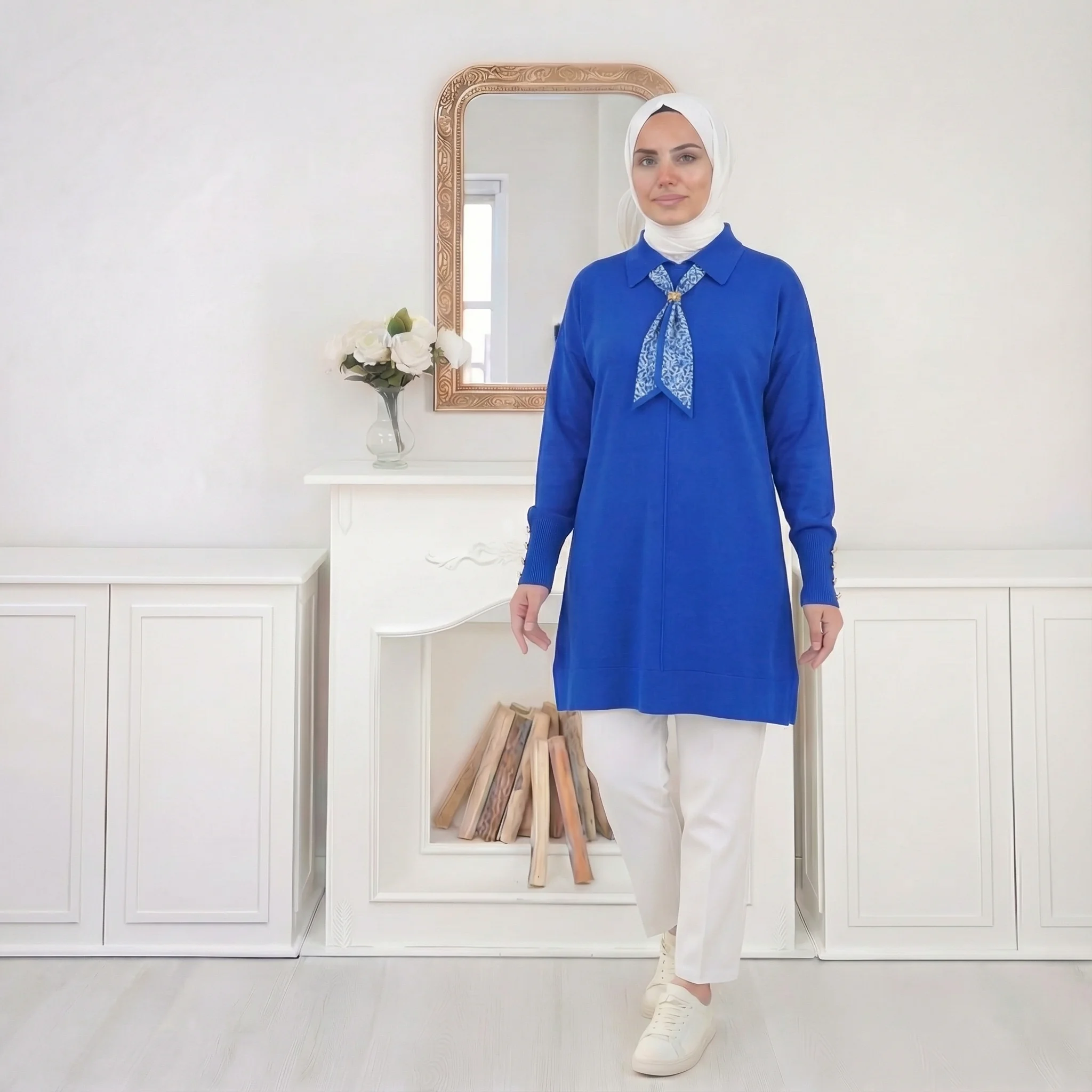 İnce Triko Yakalı Kazak – Standart Beden - Saks Mavisi