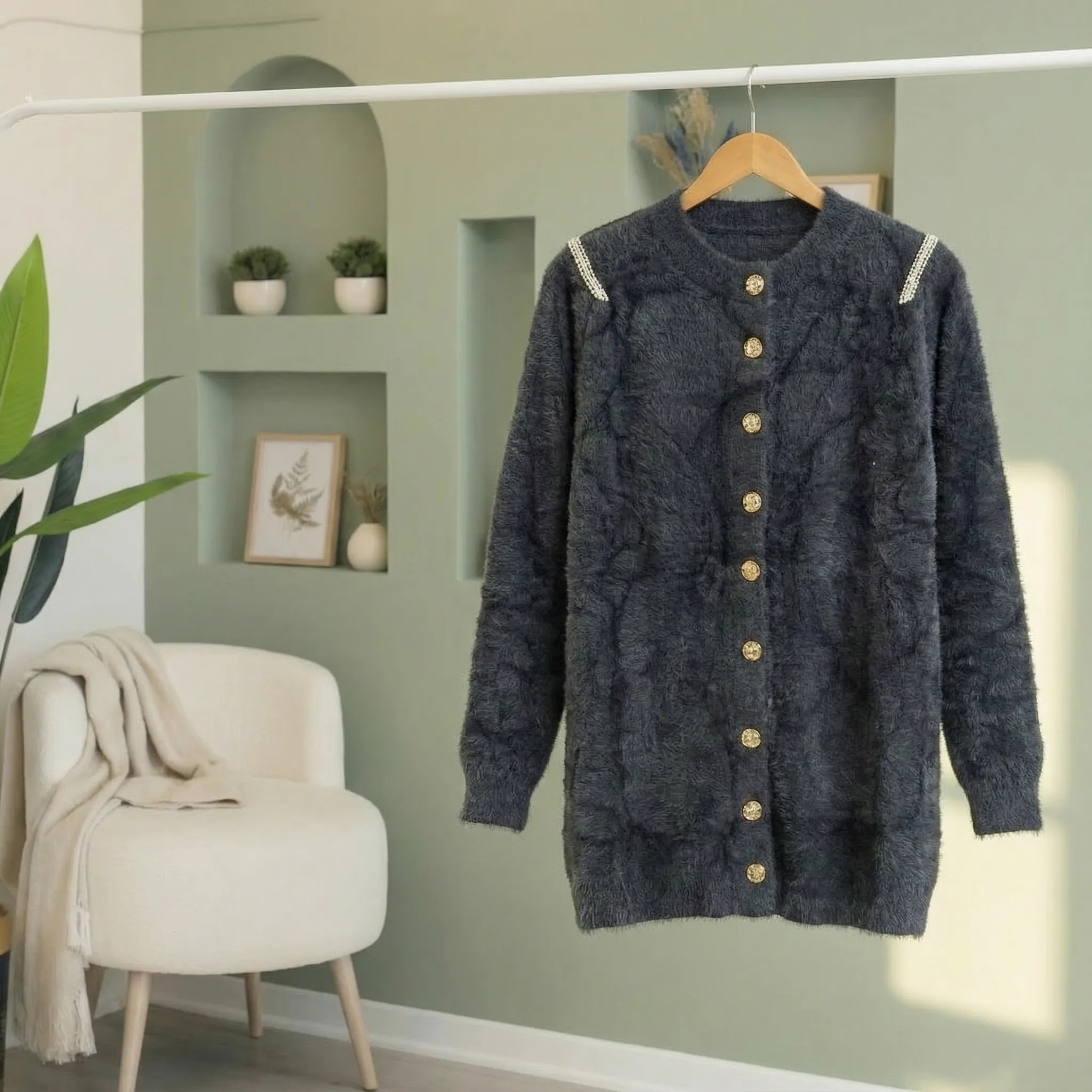 Aurora Taşlı Peluş Hırka – Standart Beden   - SİYAH