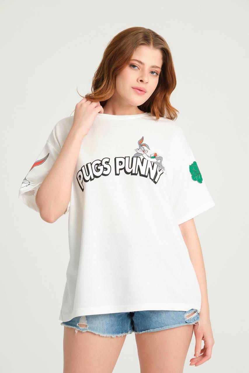 0 Yaka Ön Ve Kolları Pugs Punny Baskı Oversize Kadın T-Shirt