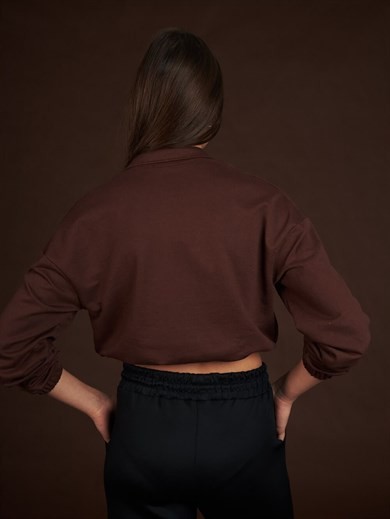 Yakalı Alt Lastik Uzun Kol Kısa Kadın Sweatshirt